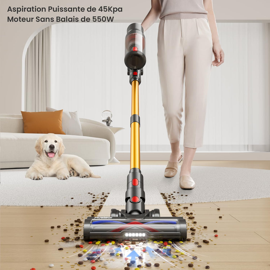 550W/45Kpa Aspirateur Balai sans Fil,70 Mins Aspirateur Sans Fil Puissant avec OLED écran Tactile et Brosse à Sol Anti-emmêlement,1,5L Aspirateur Balai pour Les Poils d'animaux/Tapis/Sols Durs