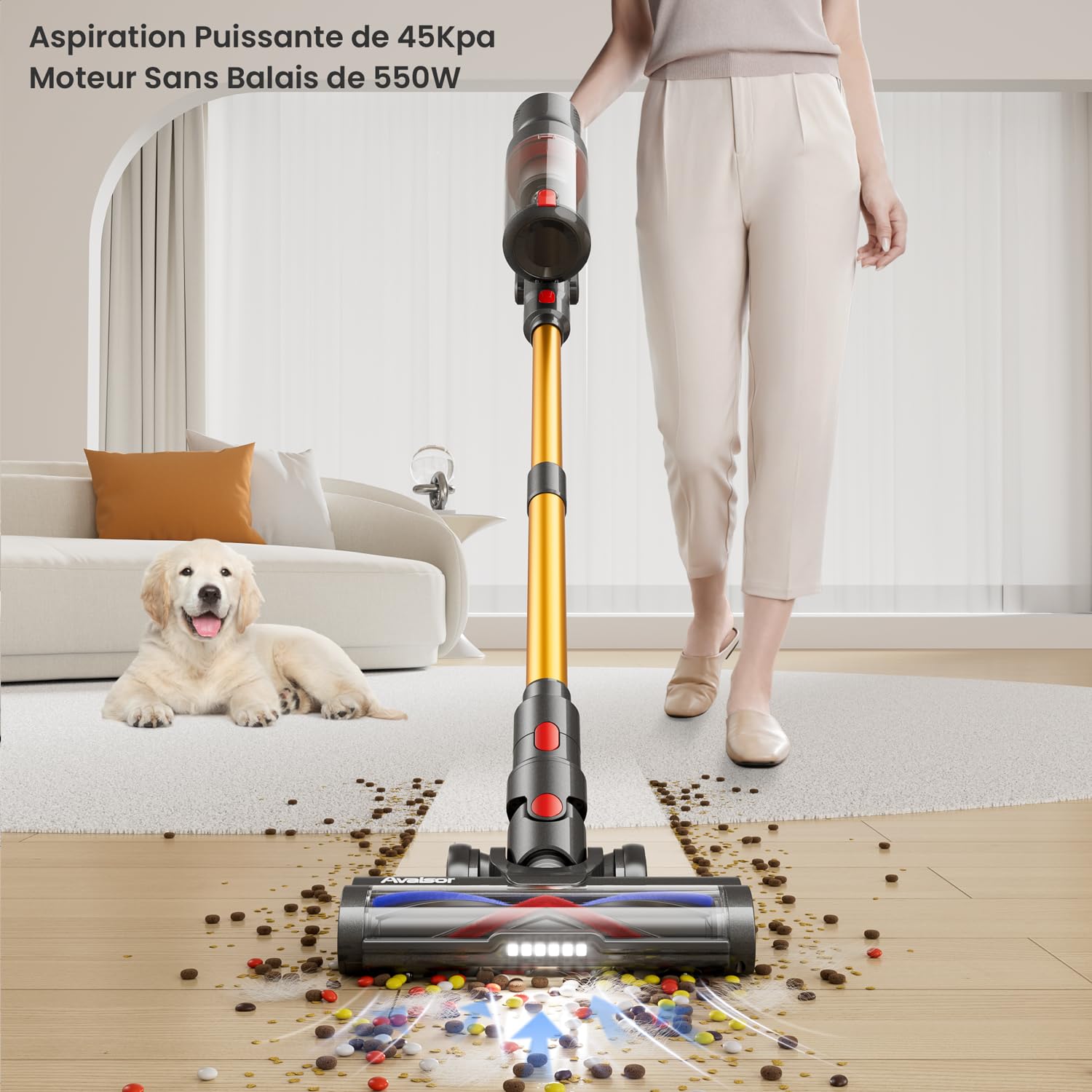 550W/45Kpa Aspirateur Balai sans Fil,70 Mins Aspirateur Sans Fil Puissant avec OLED écran Tactile et Brosse à Sol Anti-emmêlement,1,5L Aspirateur Balai pour Les Poils d'animaux/Tapis/Sols Durs