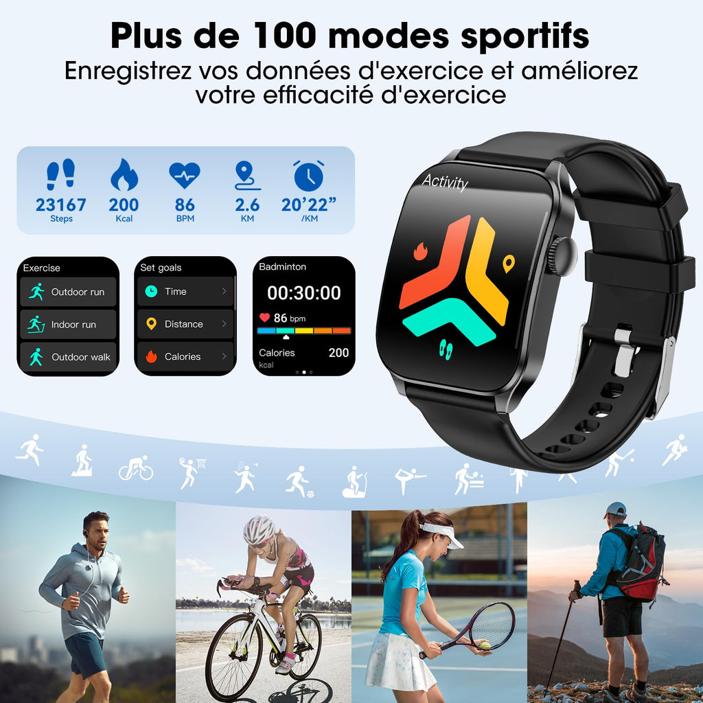 Montre Connectée Femme Homme,1.91'' Écran Incurvé avec Appels Bluetooth,120+ Sportifs Montre Sport avec Moniteur Sommeil/Fréquence Cardiaque/Podomètre,Etanche IP67 Smartwatch pour Android iOS
