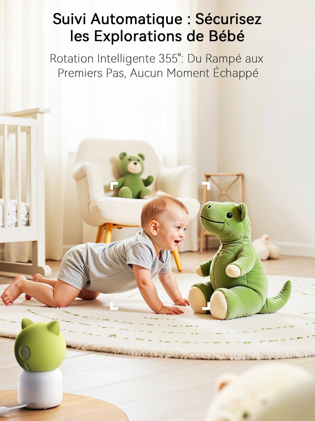 Outinput 2K/4MP WiFi Babyphone Camera, PTZ 355°Caméra Surveillance Sécurité Intérieur, Berceuses, Veilleuse Douce, Vision Nocturne, Mouvement/Pleurs/température/alertes d'humidité, pour Bébé/Animaux