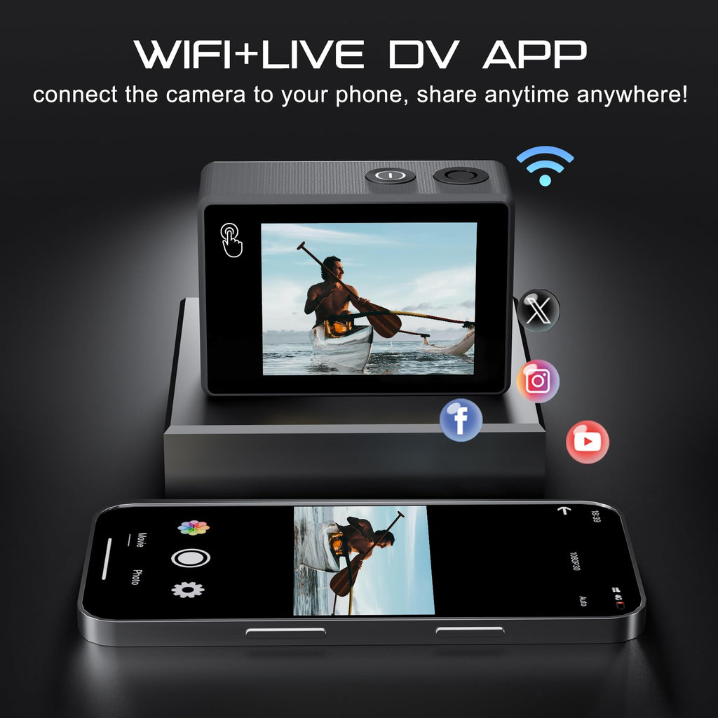 Caméra Sport 4K 60FPS 64MP Caméra Étanche 40M Action Cam WiFi avec Micro SD 64GB Écran Tactile Stabilisateur EIS avec Kits d'accessoires pour Sports Extrêmes et Loisirs