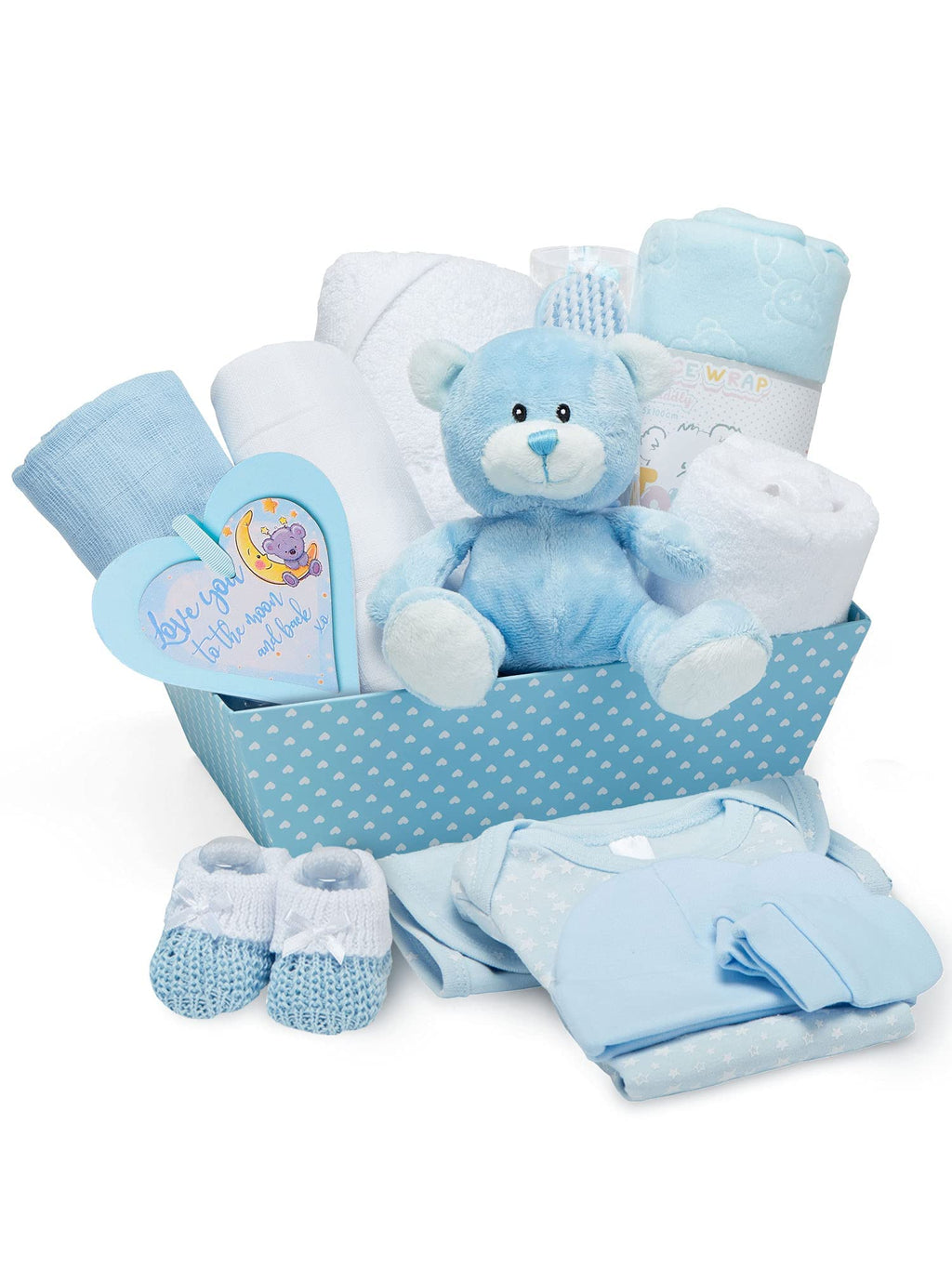 Coffret Naissance Bleu pour Bébés Garçons – Kit de Naissance avec Vêtements Bebe Garcon, Lange en Polaire, Serviette avec Capuche 2 Étoffes en Mousseline et Un Adorable Ourson en Peluche