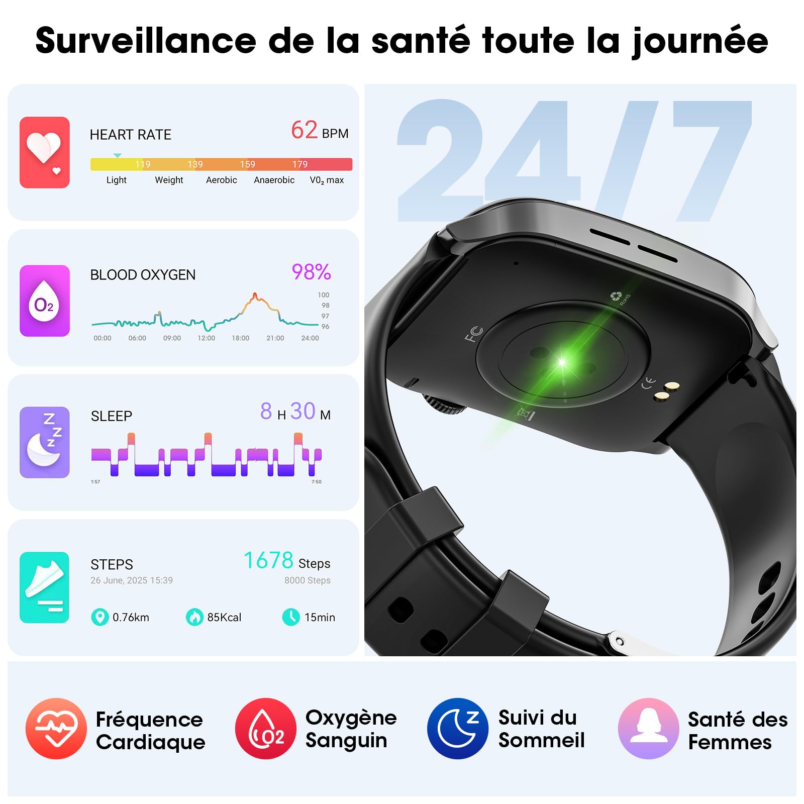 Montre Connectée Femme Homme,1.91'' Écran Incurvé avec Appels Bluetooth,120+ Sportifs Montre Sport avec Moniteur Sommeil/Fréquence Cardiaque/Podomètre,Etanche IP67 Smartwatch pour Android iOS