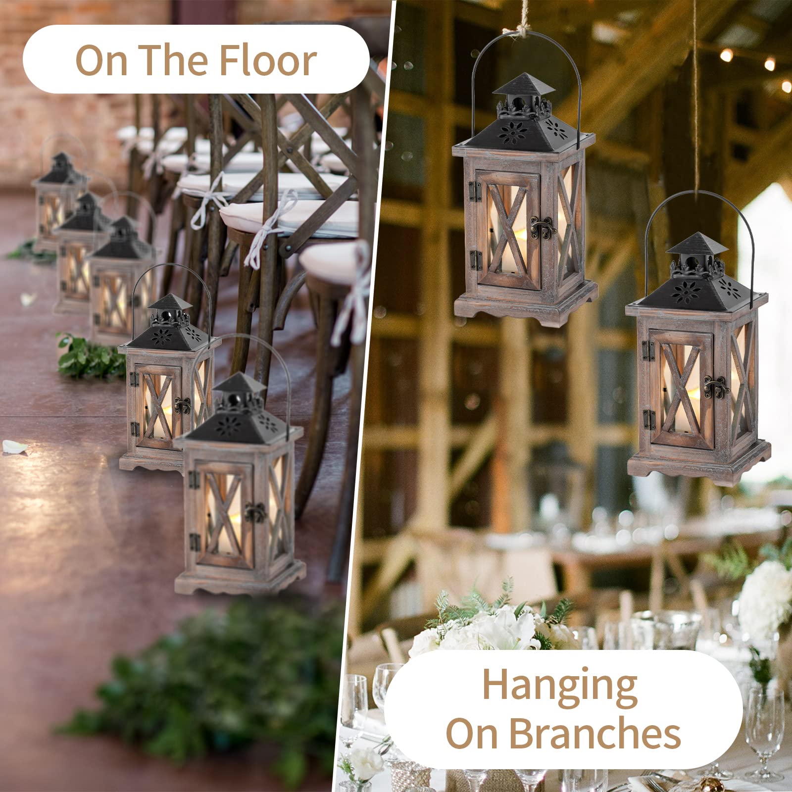 Sziqiqi Lanterne en Bois Bougeoir Vintage Lanternes à Bougie Décorative pour Rustique Mariage Centre de Table Suspendu Lanterne Ferme Décor à la Maison Intérieur et Extérieur Lanterne Décor 28cm