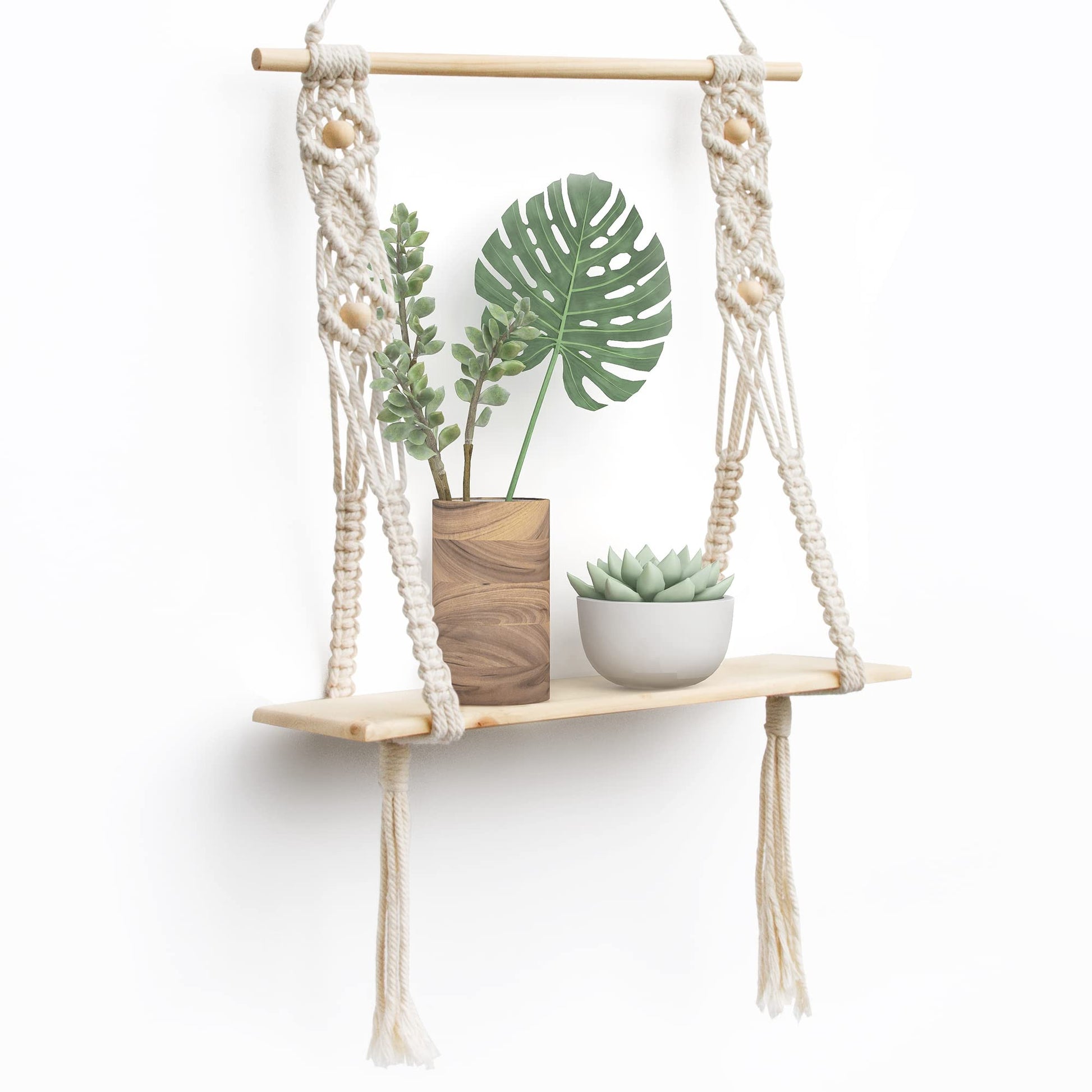 Afuly Etagere Murale Bois Macramé Boheme Deco Plantes Simple Houppe Manuel Tissé Chambre Salon WC Etagere Suspendue Corde