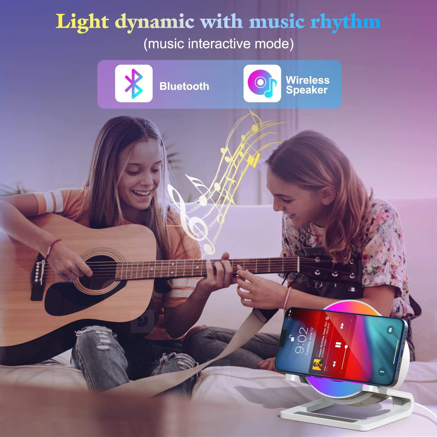 Enceinte Bluetooth Lumineuse avec 15W Chargeur Sans Fil,Lampe de Chevet Tactile avec Blanc Chaud+5 Lumières Colorées Dynamiques,Haut-parleur Veilleuse avec Support Téléphone,Cadeau Ado Fille