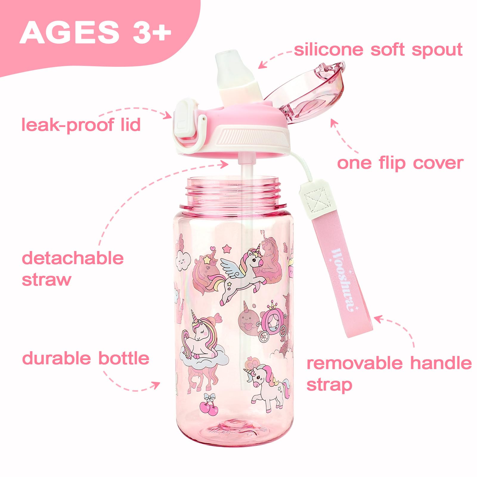 wooshwa Gourde Enfant avec Paille, Pour Filles, Anti-Fuite, Étanche, 600 ml Bouteille Enfant sans BPA, Verrouillage Sécurisé, Bouteilles d'eau pour Maternelle l'école Sport, Licorne