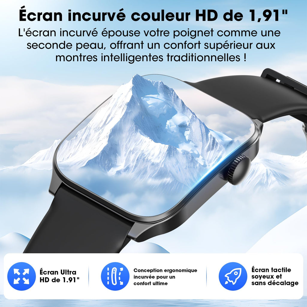Montre Connectée Femme Homme,1.91'' Écran Incurvé avec Appels Bluetooth,120+ Sportifs Montre Sport avec Moniteur Sommeil/Fréquence Cardiaque/Podomètre,Etanche IP67 Smartwatch pour Android iOS