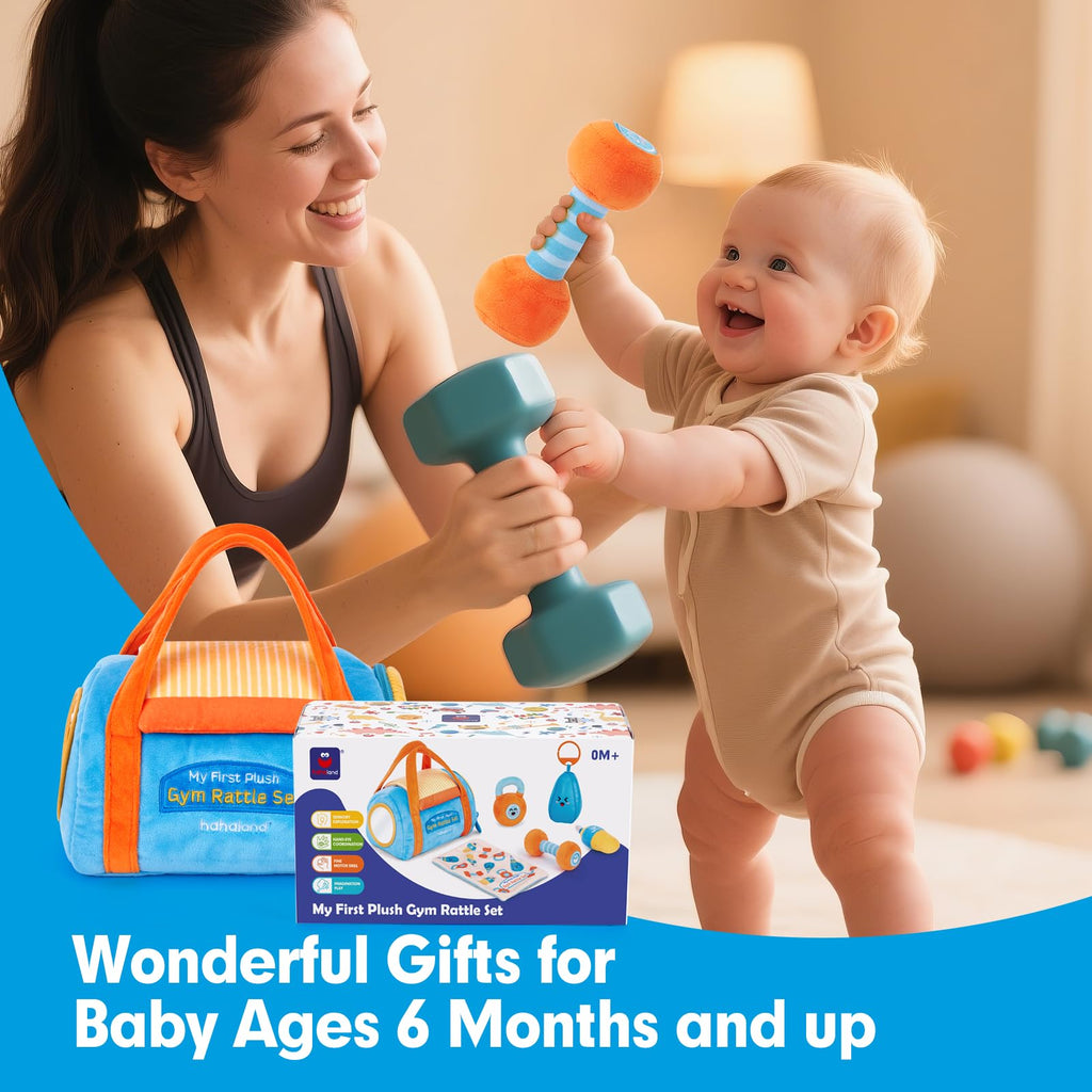 hahaland Jouet Bebe 0-3 6 Mois Peluche Motricité Sensoriel Set mit Haltère, Hochets, Papier Froissé & Miroir, Jouet Montessori d'activité et développement pour Bebe Cadeau Naissance Fille Garcon