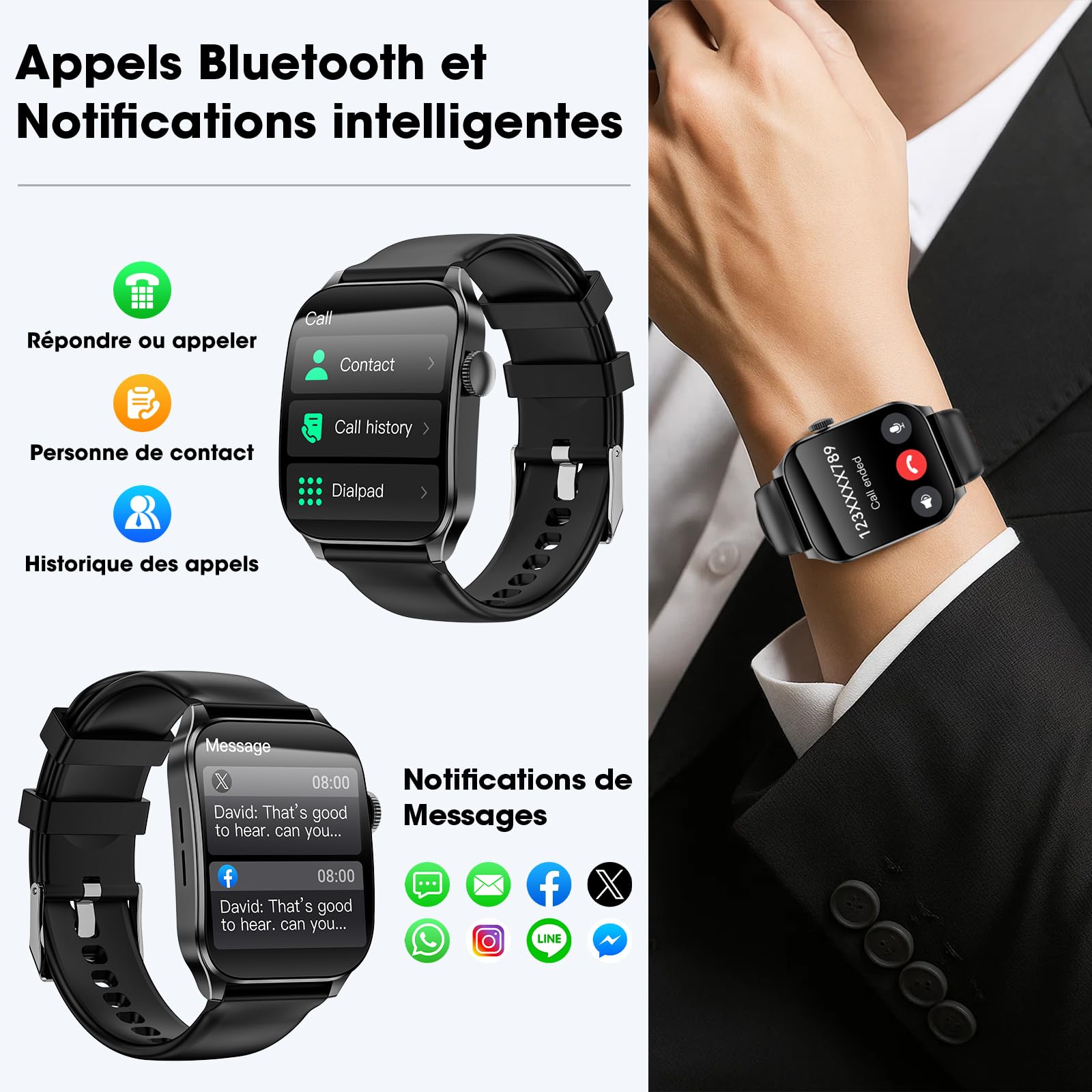 Montre Connectée Femme Homme,1.91'' Écran Incurvé avec Appels Bluetooth,120+ Sportifs Montre Sport avec Moniteur Sommeil/Fréquence Cardiaque/Podomètre,Etanche IP67 Smartwatch pour Android iOS