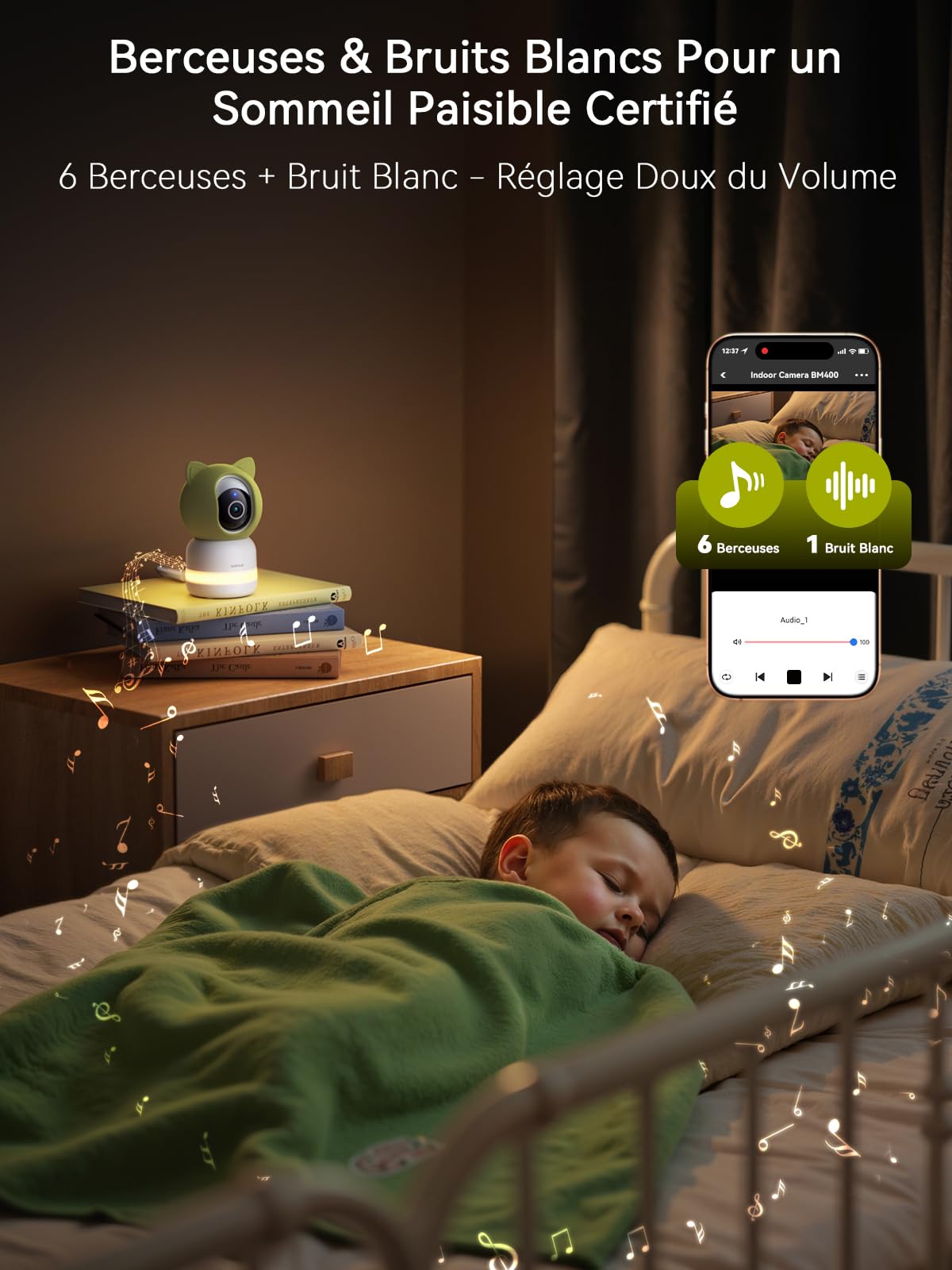 Outinput 2K/4MP WiFi Babyphone Camera, PTZ 355°Caméra Surveillance Sécurité Intérieur, Berceuses, Veilleuse Douce, Vision Nocturne, Mouvement/Pleurs/température/alertes d'humidité, pour Bébé/Animaux