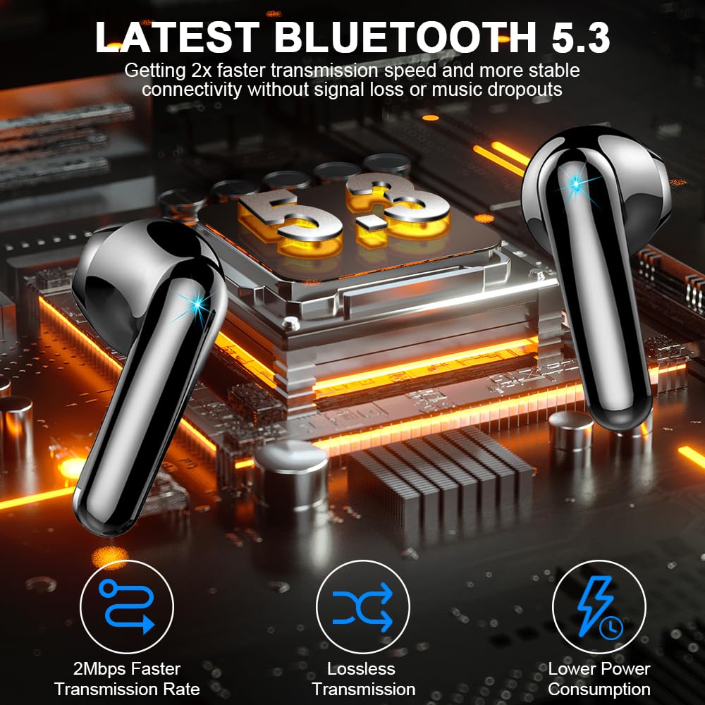 Ecouteurs Bluetooth sans Fil, Écouteurs Bluetooth 5.3 avec HiFi Stéréo Basses Casque, 50H Récréation, 4 ENC Réduction de Bruit Mic, Oreillette Bluetooth Sport IP7 Étanche, Écran LED, pour iOS Android