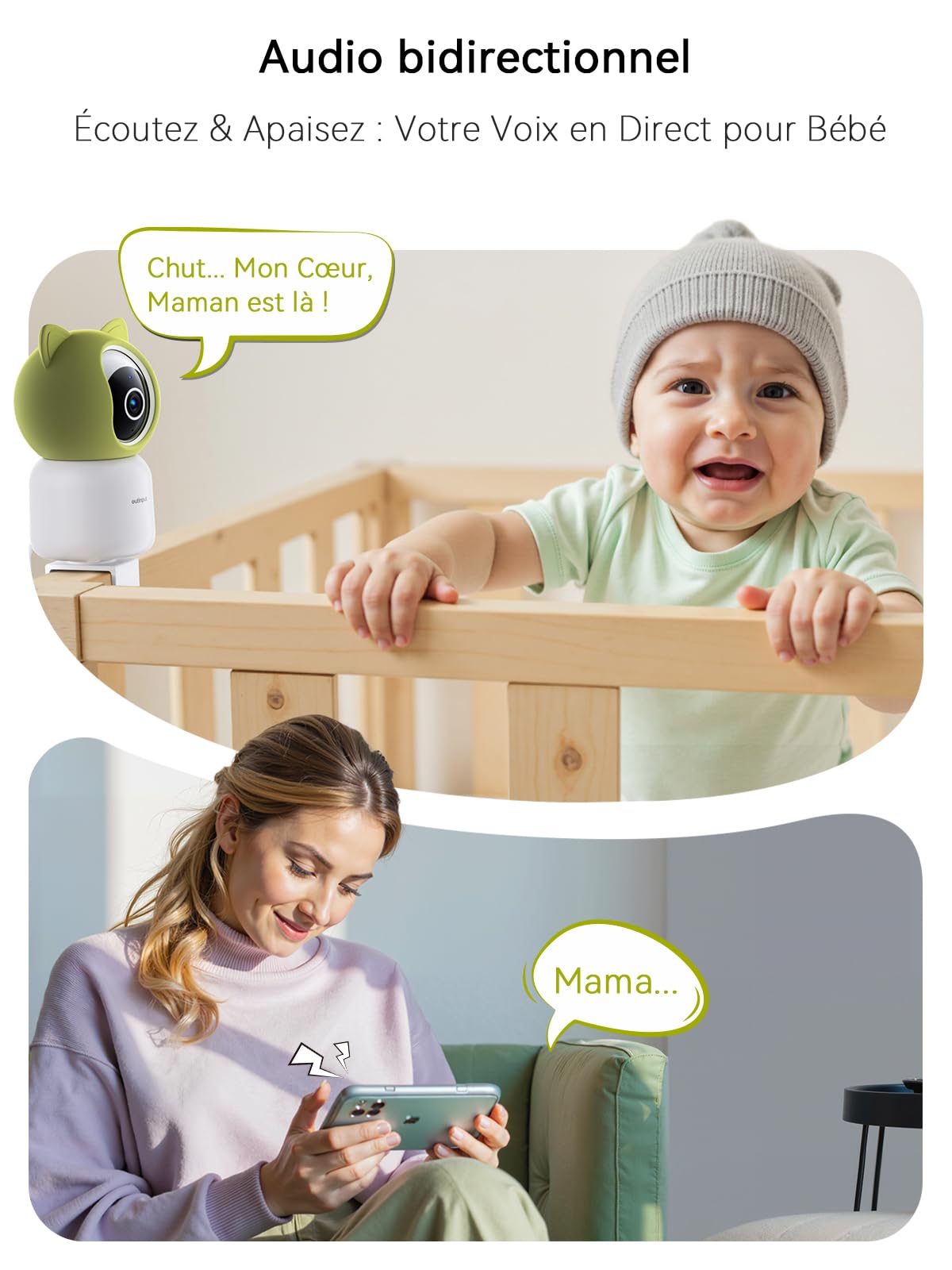 Outinput 2K/4MP WiFi Babyphone Camera, PTZ 355°Caméra Surveillance Sécurité Intérieur, Berceuses, Veilleuse Douce, Vision Nocturne, Mouvement/Pleurs/température/alertes d'humidité, pour Bébé/Animaux