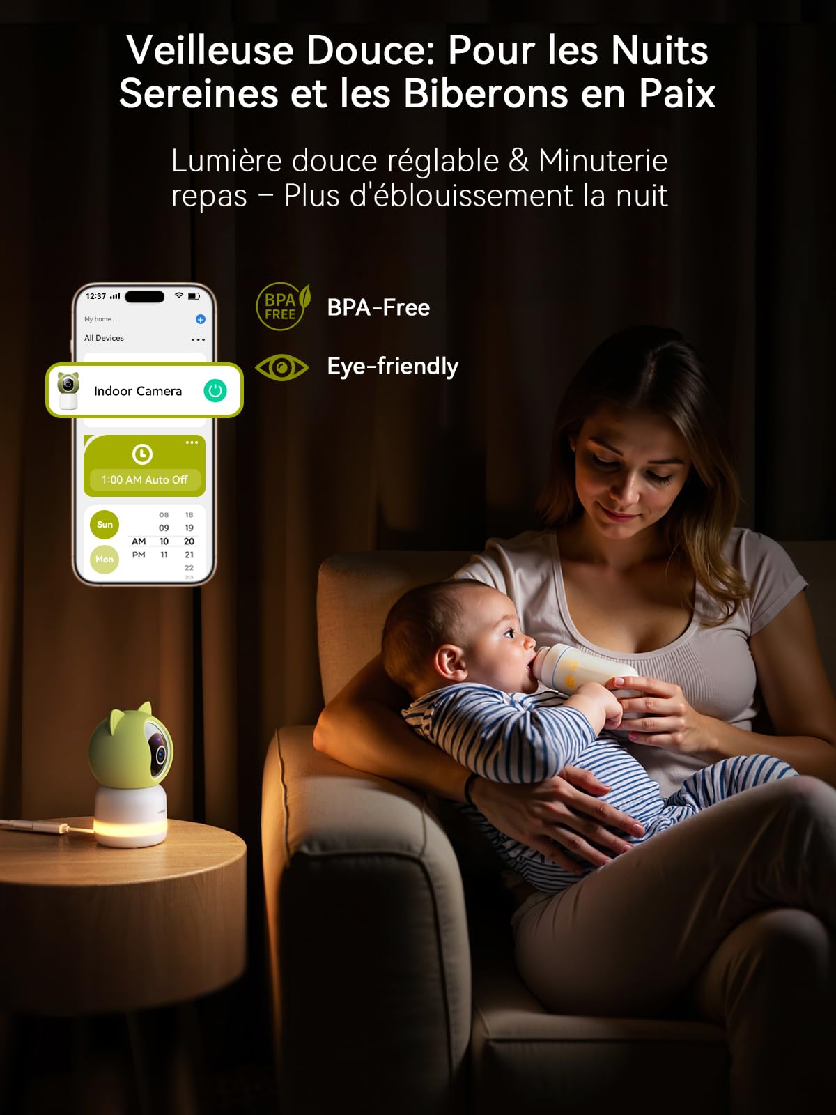 Outinput 2K/4MP WiFi Babyphone Camera, PTZ 355°Caméra Surveillance Sécurité Intérieur, Berceuses, Veilleuse Douce, Vision Nocturne, Mouvement/Pleurs/température/alertes d'humidité, pour Bébé/Animaux