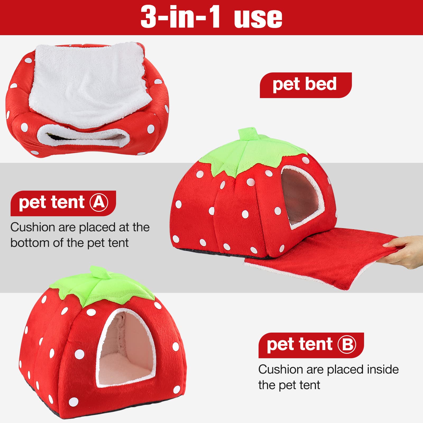 Maison pour Cochon d'Inde Lit Lapin Peluche Petits Animaux Couchages Hiver Interieur Cabane pour Chinchilla/Hérisson/Cobayes (Fraise)