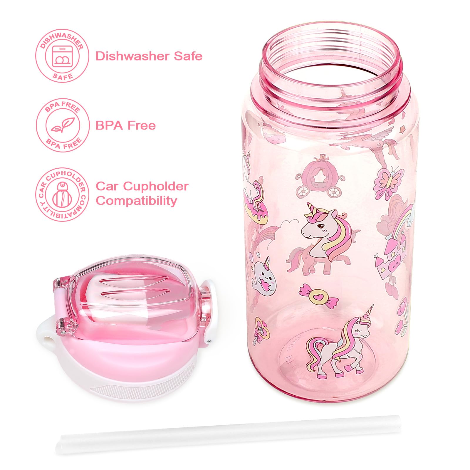 wooshwa Gourde Enfant avec Paille, Pour Filles, Anti-Fuite, Étanche, 600 ml Bouteille Enfant sans BPA, Verrouillage Sécurisé, Bouteilles d'eau pour Maternelle l'école Sport, Licorne