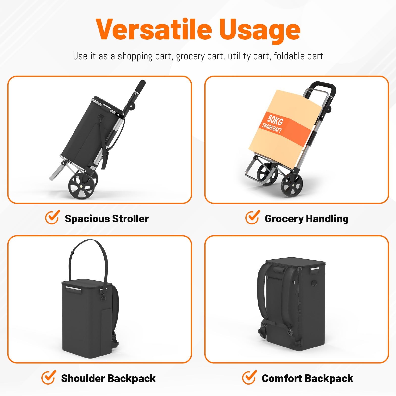 FUNLAX Chariot de Courses 2 Roues, Caddie de Courses avec Compartiment Isotherme réfrigéré 40L, Sac Shopping Amovible, Caddie à roulettes Pliable Noir