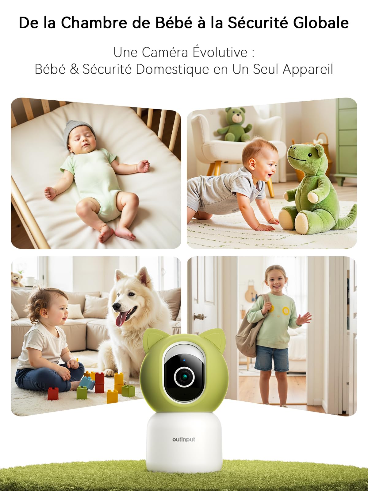 Outinput 2K/4MP WiFi Babyphone Camera, PTZ 355°Caméra Surveillance Sécurité Intérieur, Berceuses, Veilleuse Douce, Vision Nocturne, Mouvement/Pleurs/température/alertes d'humidité, pour Bébé/Animaux