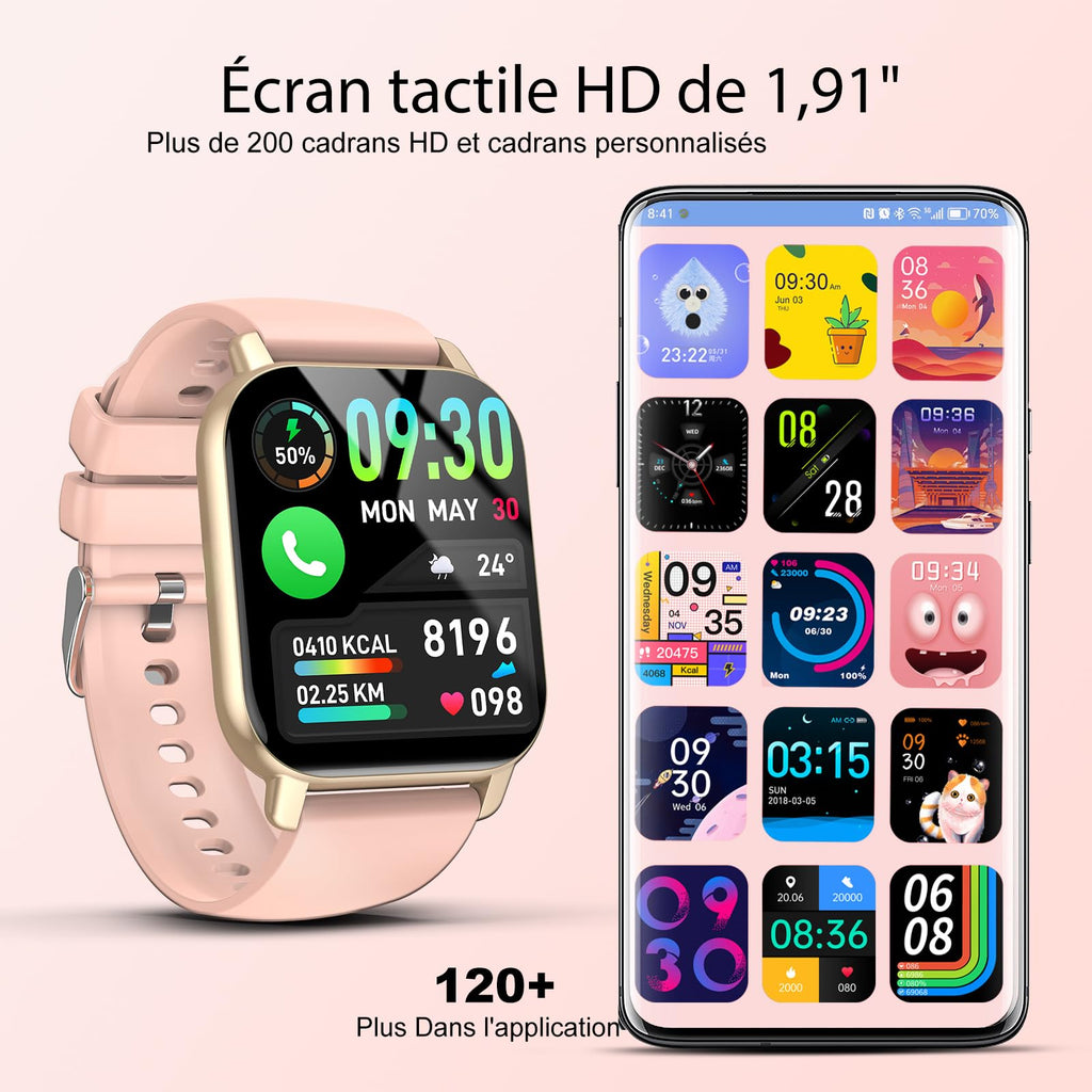 Montre Connectée Homme Femme, 1.91"HD Montre Connectee avec Appels Bluetooth, Etanche IP68 Montre Sport 112+ Mode Sport, Podomètre, Cycle Menstruel, Fréquence Cardiaque, Spo2, Smartwatch Android iOS