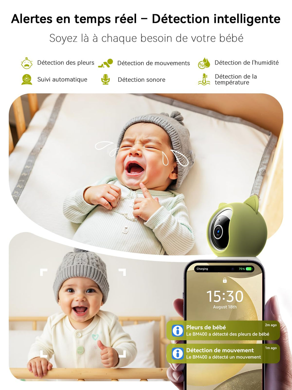 Outinput 2K/4MP WiFi Babyphone Camera, PTZ 355°Caméra Surveillance Sécurité Intérieur, Berceuses, Veilleuse Douce, Vision Nocturne, Mouvement/Pleurs/température/alertes d'humidité, pour Bébé/Animaux