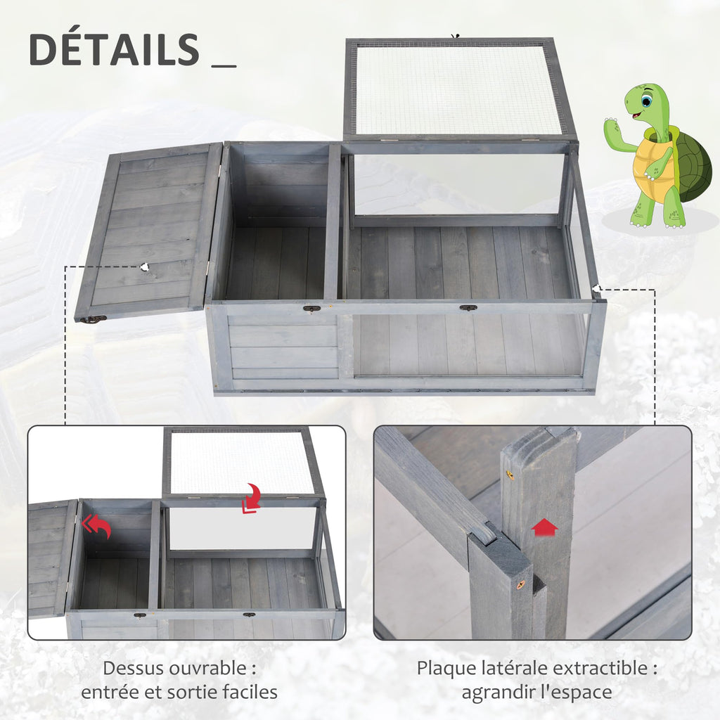 PawHut Maison enclos Cage Habitat pour Petit Animal Tortues avec 2 espaces 91 x 60,5 x 32 cm Bois Massif Gris