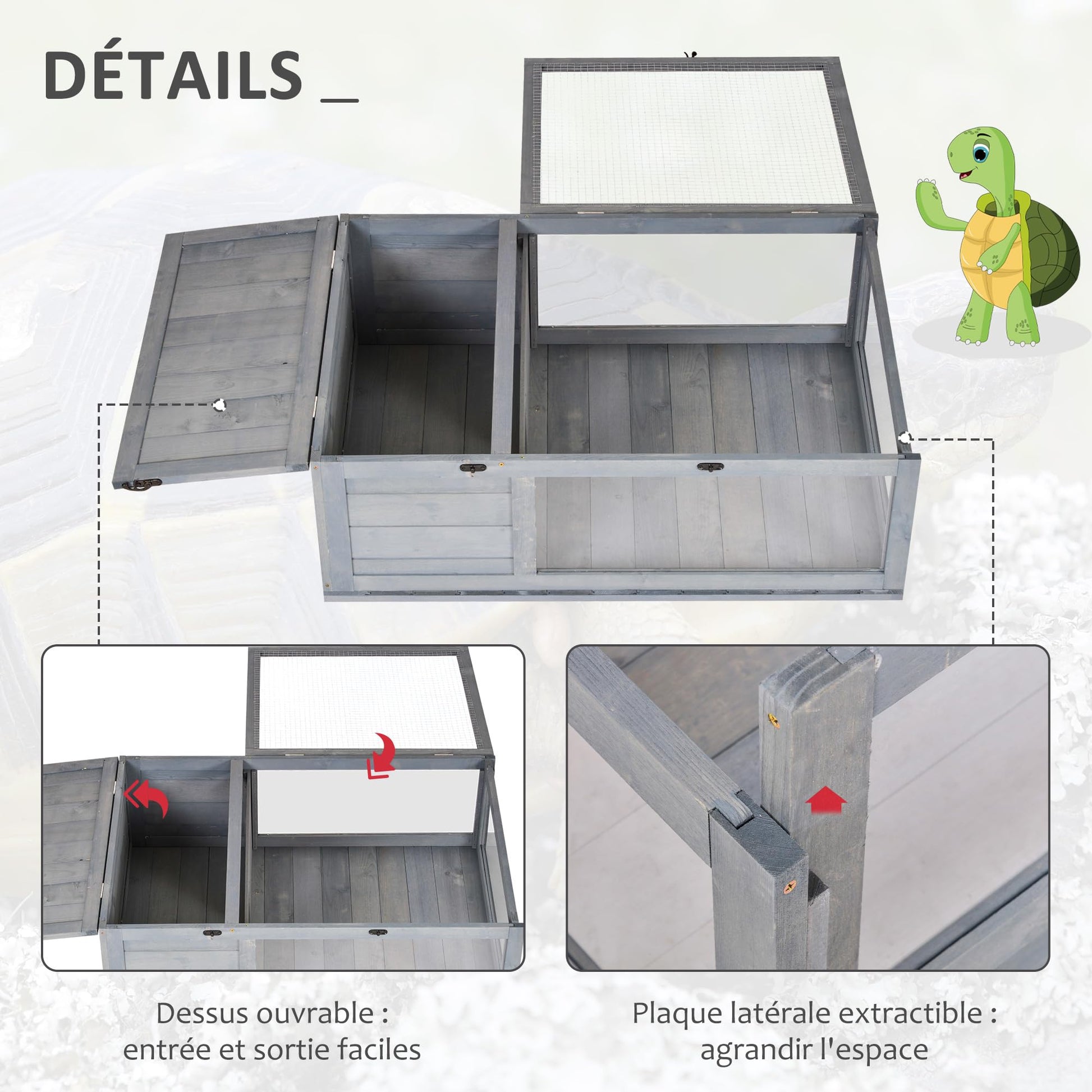 PawHut Maison enclos Cage Habitat pour Petit Animal Tortues avec 2 espaces 91 x 60,5 x 32 cm Bois Massif Gris