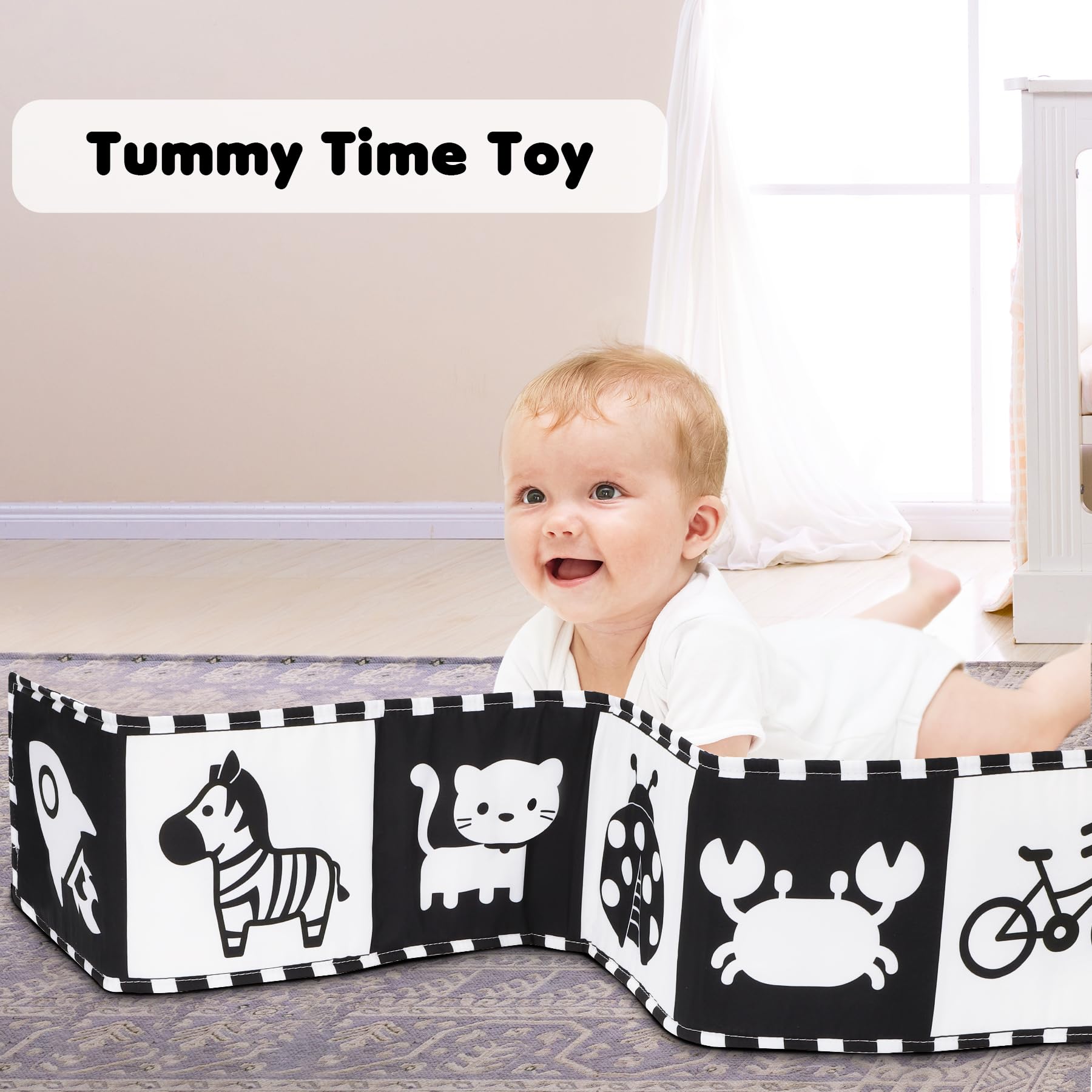 URMYWO Livre Tissu bébé eveil,Livre Noir et Blanc Bébé Montessori,Livre sensoriel pour bébé à fort contraste,jouet bebe 0 3 6 12 Mois livres d'éveil Cadeaux pour bébés