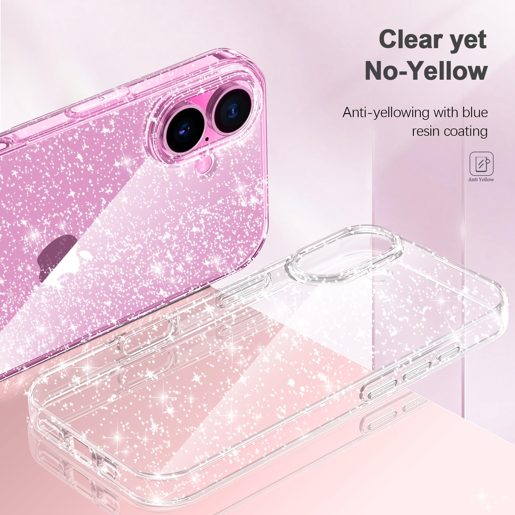 AROYI Coque 3 en 1 Compatible avec iPhone 16 6,1, étui à Paillettes Silicone Souple TPU Protection Case avec 2 Films de Protection en Verre trempé, Transparent pailleté Protecteur Coque