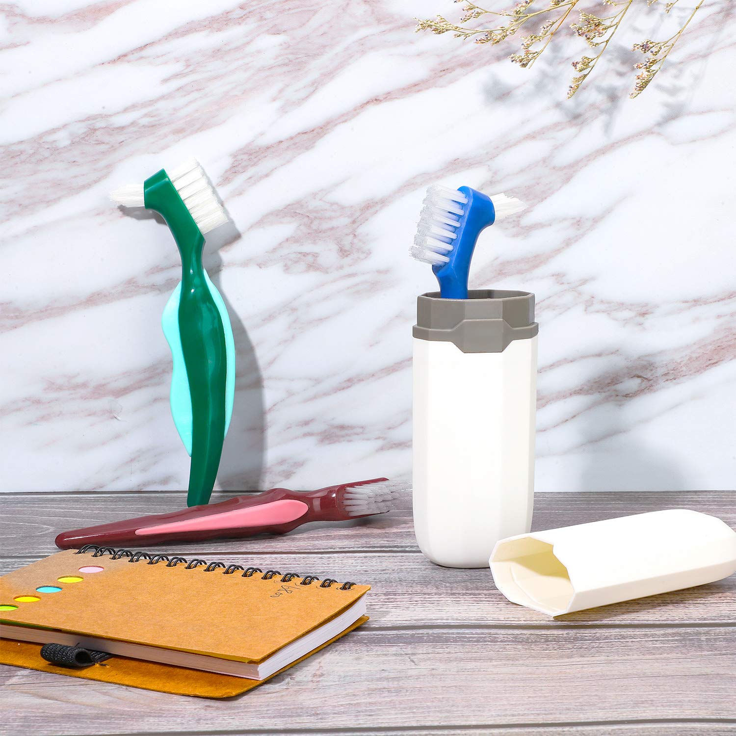 6 Pièces Brosses à Dents Brosse à Prothèse Dure Brosse de Nettoyage avec Étui de Transport Blanc pour Nettoyage de Fausses Dents