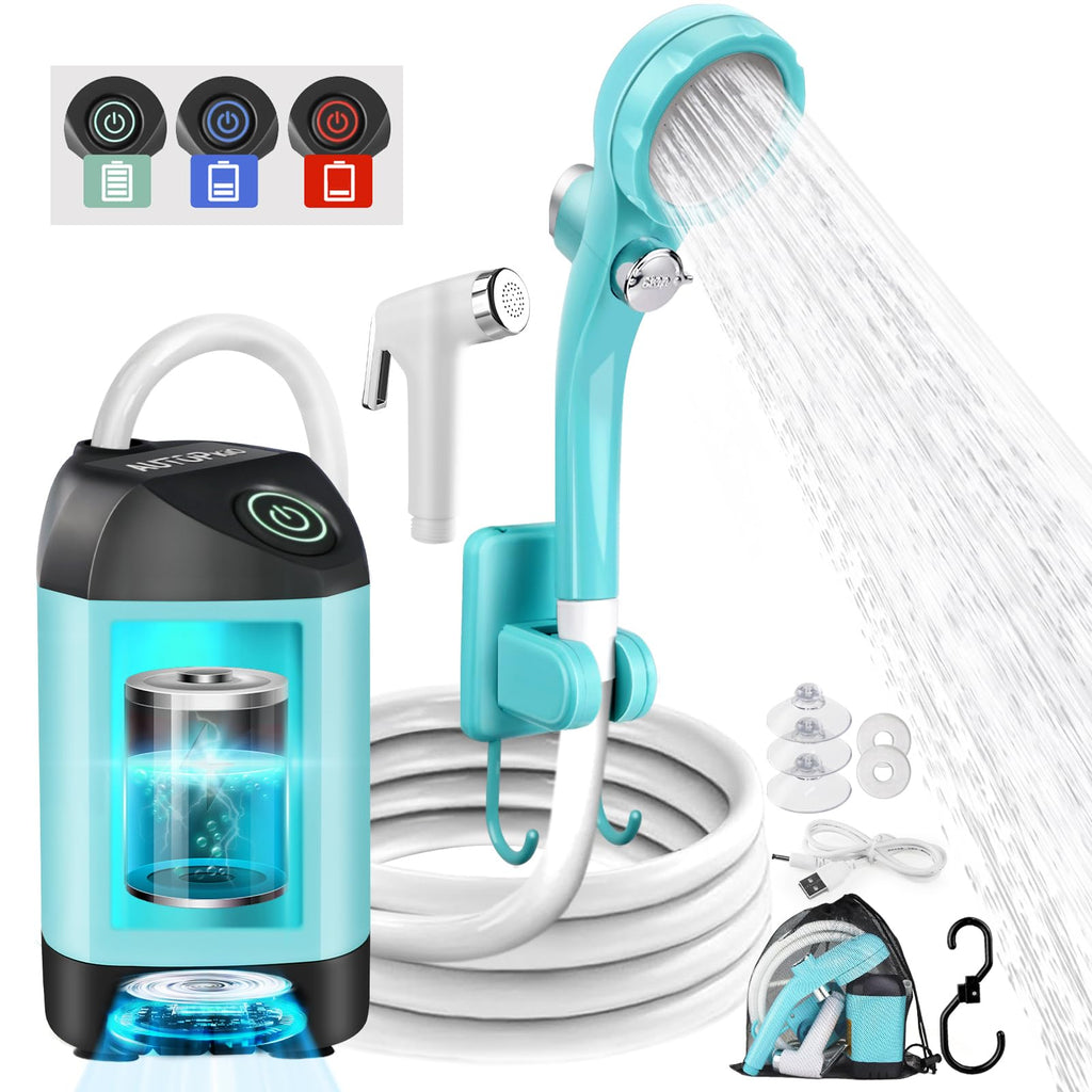 AUTOPkio Douche Camping Portable, Douche Extérieure Améliorée avec Batterie Rechargeable 4500mAh & Pompe IPX7 Imperméable pour Plage, Randonnée, Lavage de Voiture (Bleu)