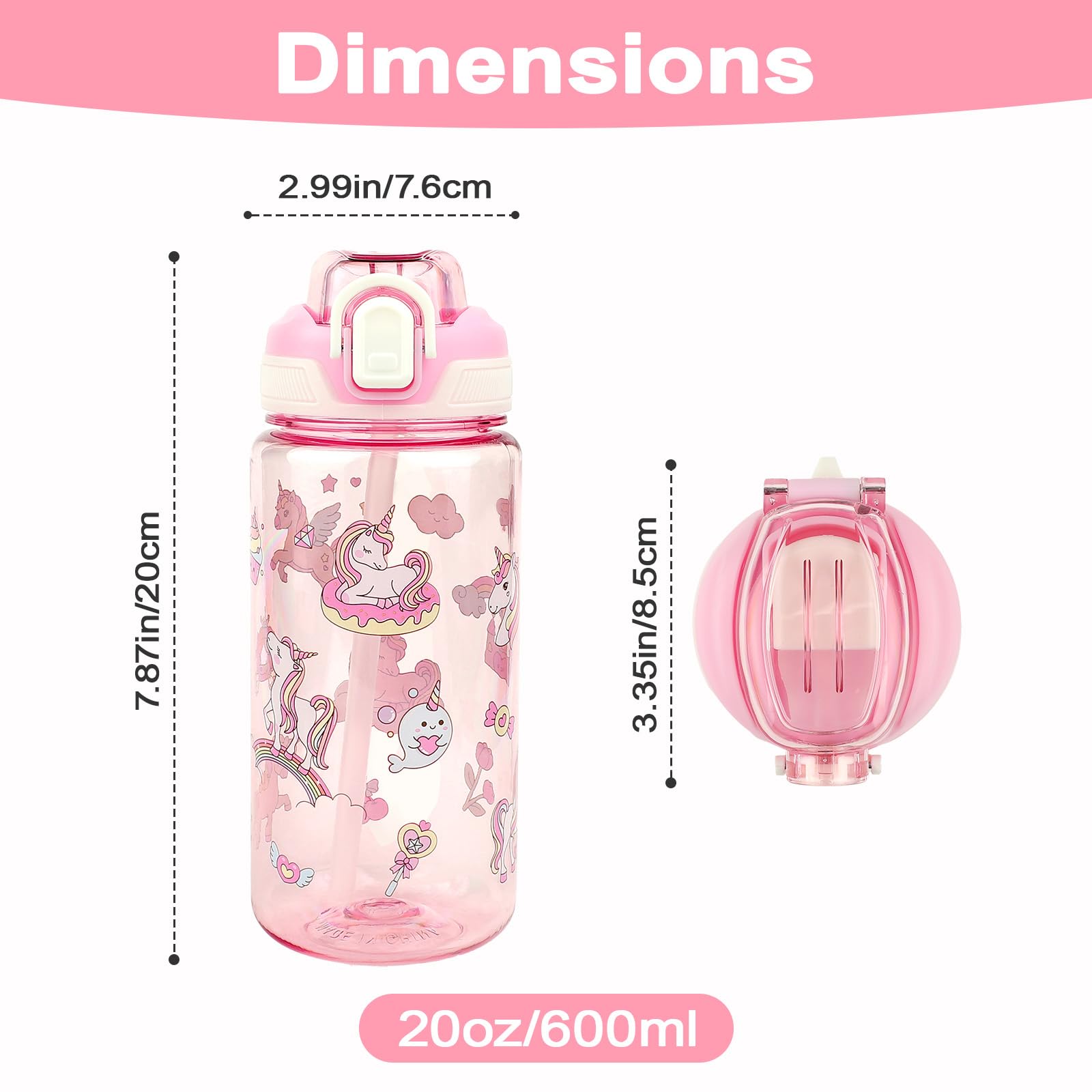 wooshwa Gourde Enfant avec Paille, Pour Filles, Anti-Fuite, Étanche, 600 ml Bouteille Enfant sans BPA, Verrouillage Sécurisé, Bouteilles d'eau pour Maternelle l'école Sport, Licorne