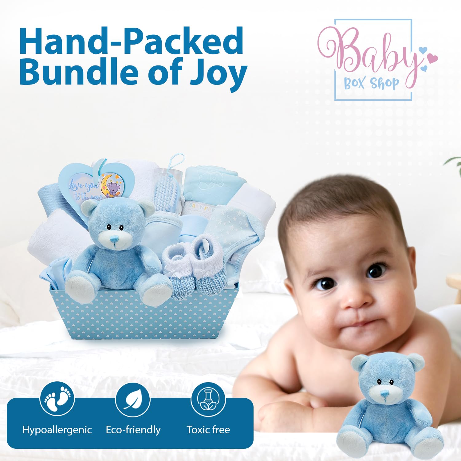 Coffret Naissance Bleu pour Bébés Garçons – Kit de Naissance avec Vêtements Bebe Garcon, Lange en Polaire, Serviette avec Capuche 2 Étoffes en Mousseline et Un Adorable Ourson en Peluche