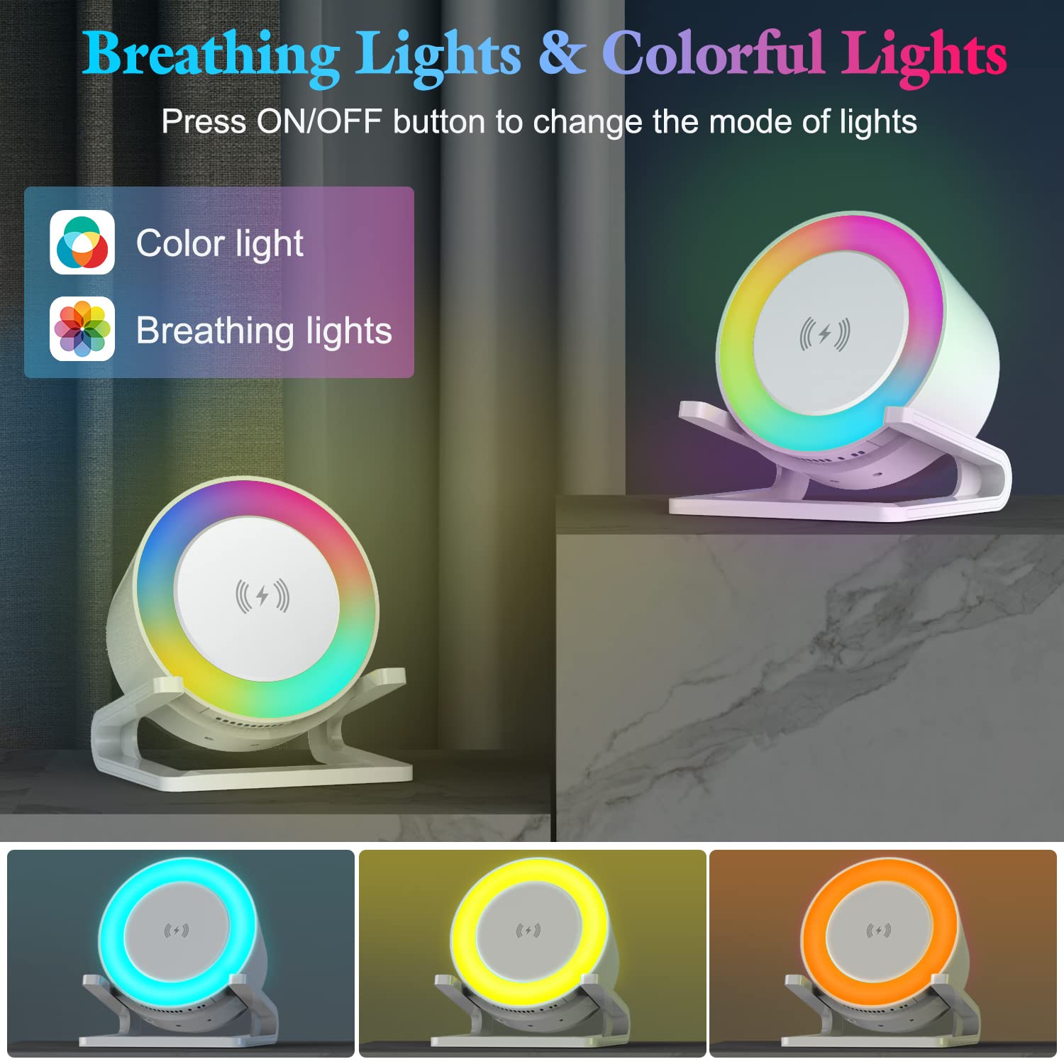 Enceinte Bluetooth Lumineuse avec 15W Chargeur Sans Fil,Lampe de Chevet Tactile avec Blanc Chaud+5 Lumières Colorées Dynamiques,Haut-parleur Veilleuse avec Support Téléphone,Cadeau Ado Fille
