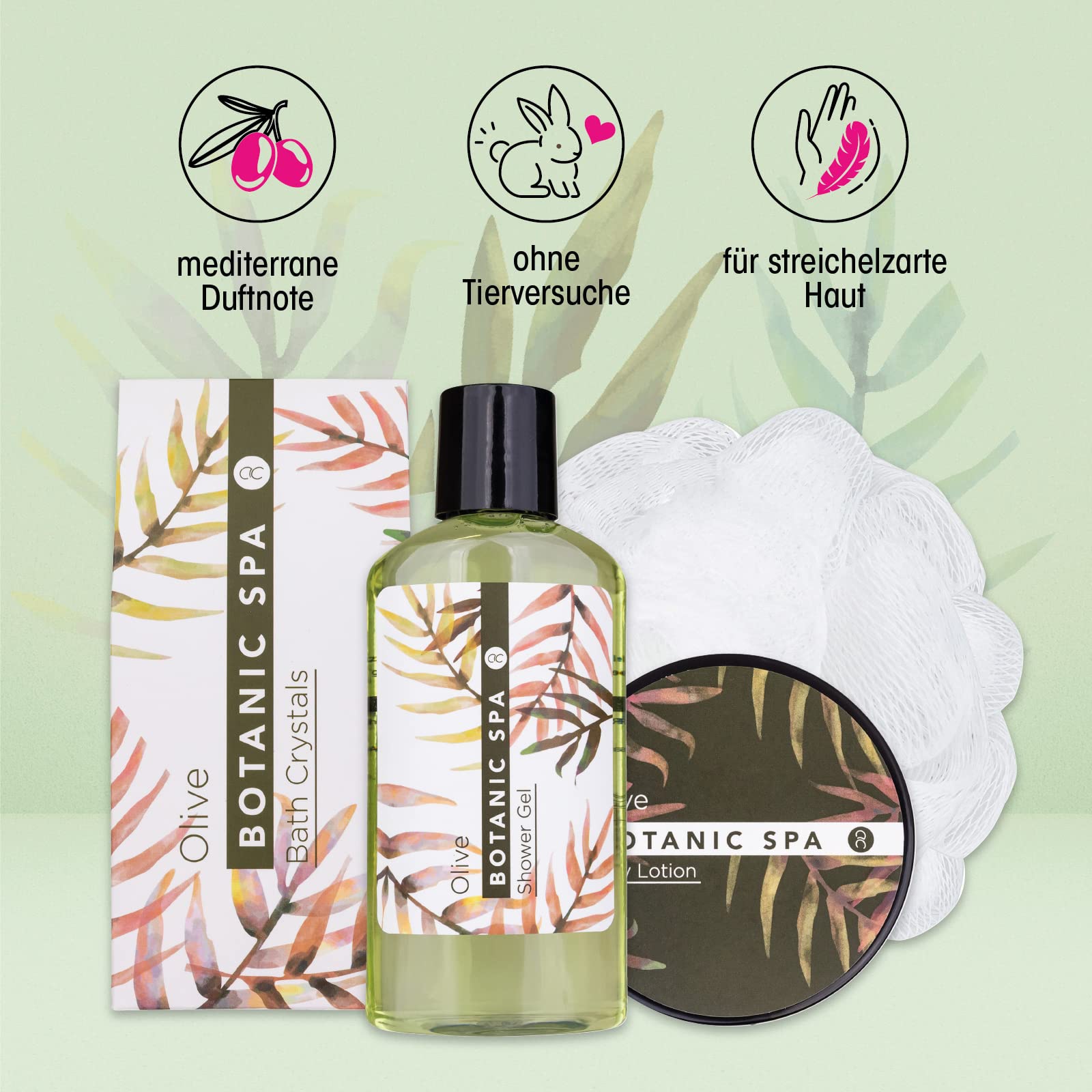 accentra Coffret cadeau OLIVE SPA dans un panier en jonc de mer - Ensemble de bain et douche - 5 pièces dans un panier décoratif en jonc de mer, cadeau d'anniversaire, kit bien-être pour les femmes