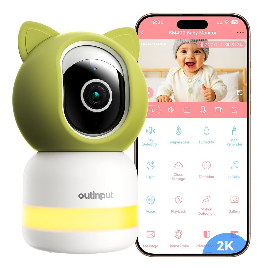 Outinput 2K/4MP WiFi Babyphone Camera, PTZ 355°Caméra Surveillance Sécurité Intérieur, Berceuses, Veilleuse Douce, Vision Nocturne, Mouvement/Pleurs/température/alertes d'humidité, pour Bébé/Animaux