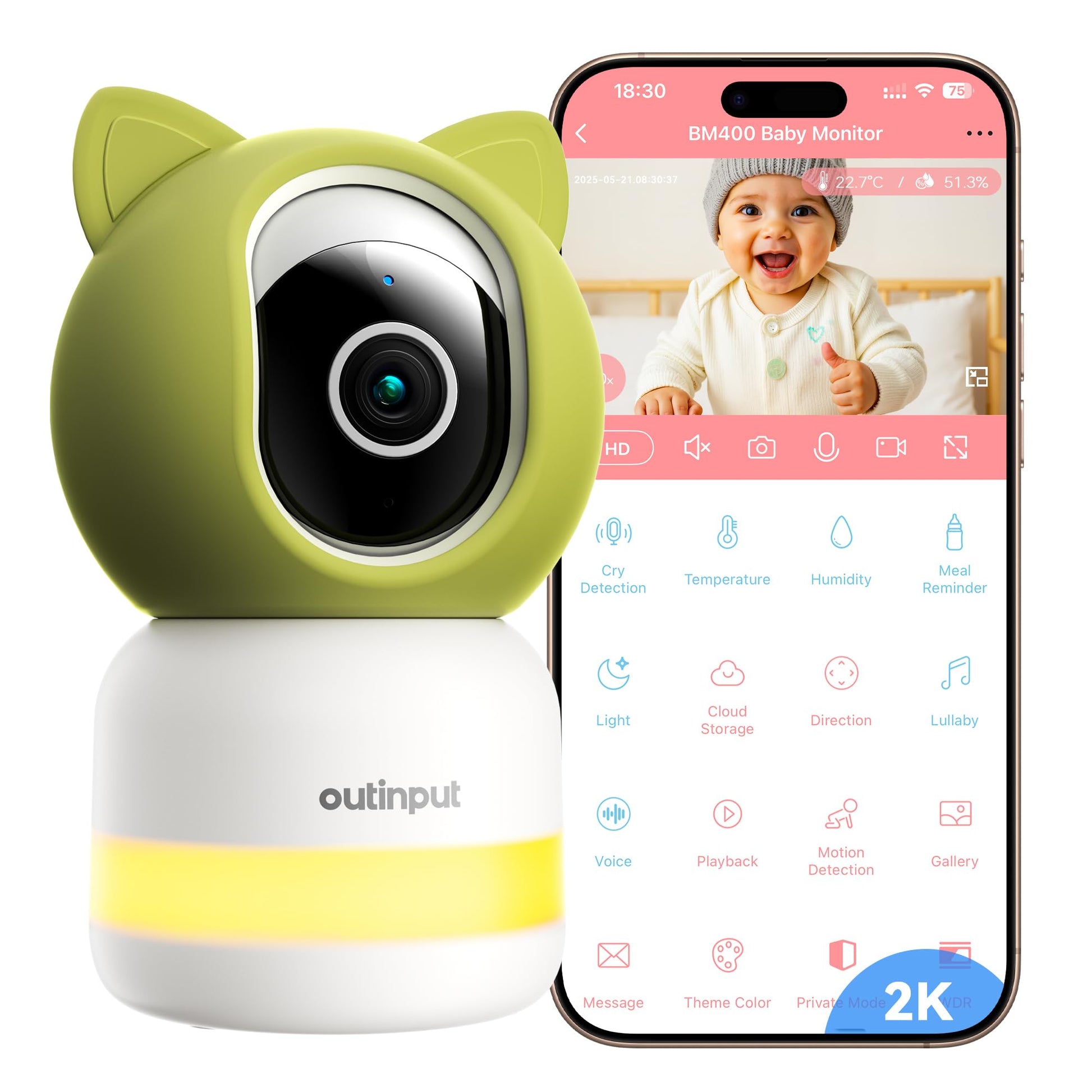 Outinput 2K/4MP WiFi Babyphone Camera, PTZ 355°Caméra Surveillance Sécurité Intérieur, Berceuses, Veilleuse Douce, Vision Nocturne, Mouvement/Pleurs/température/alertes d'humidité, pour Bébé/Animaux