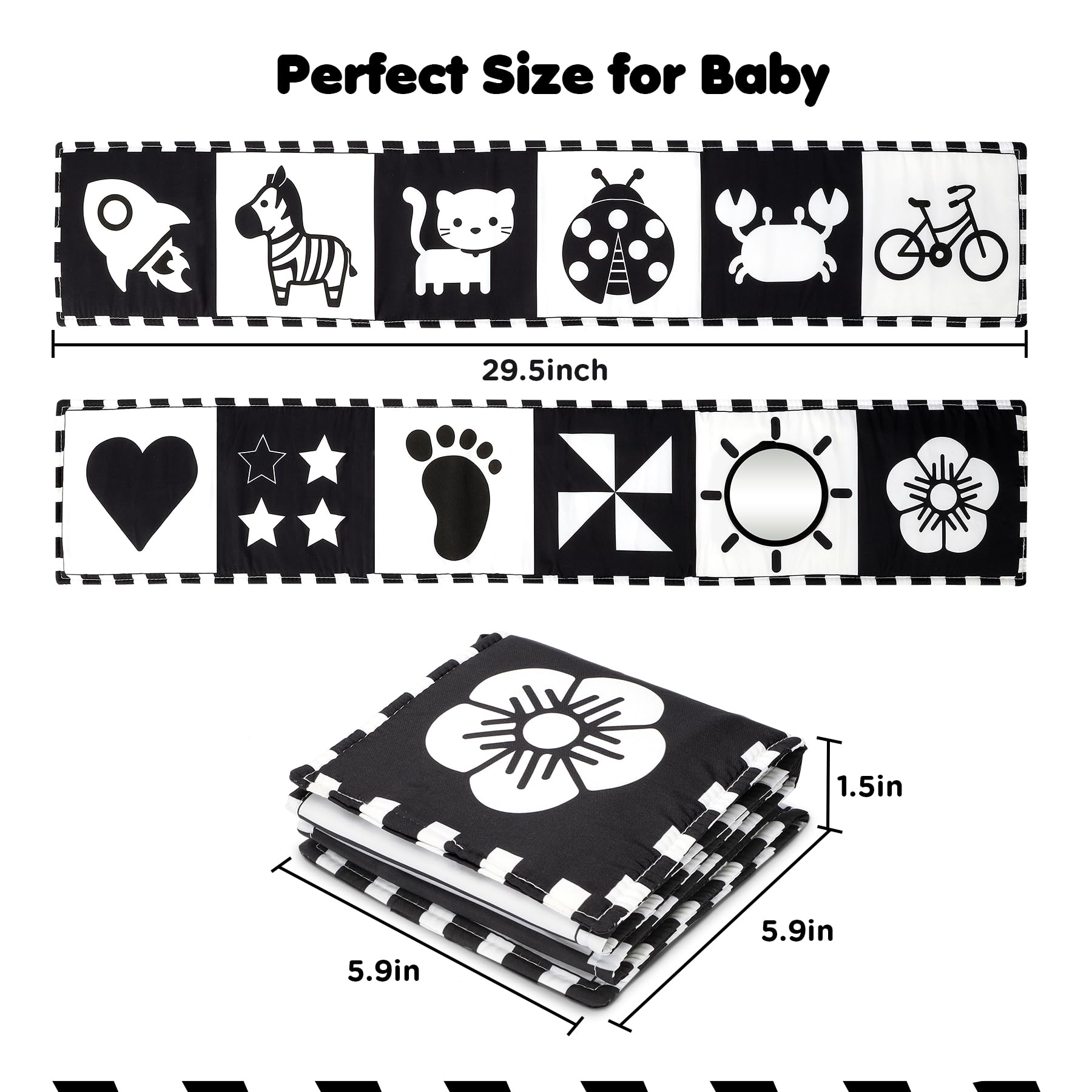 URMYWO Livre Tissu bébé eveil,Livre Noir et Blanc Bébé Montessori,Livre sensoriel pour bébé à fort contraste,jouet bebe 0 3 6 12 Mois livres d'éveil Cadeaux pour bébés