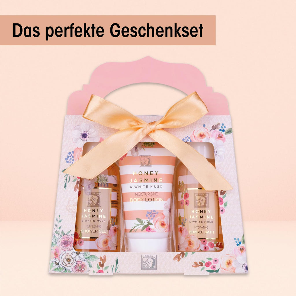 Accentra-Set cadeau de douche pour femmes HONEY JASMINE dans une belle boîte cadeau-Set de soins 3 pièces gel douche,lotion et bain moussant-Set cadeau idéal pour la Saint-Valentin & la Fête des mères
