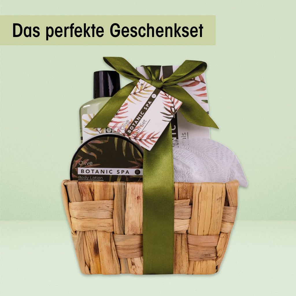 accentra Coffret cadeau OLIVE SPA dans un panier en jonc de mer - Ensemble de bain et douche - 5 pièces dans un panier décoratif en jonc de mer, cadeau d'anniversaire, kit bien-être pour les femmes