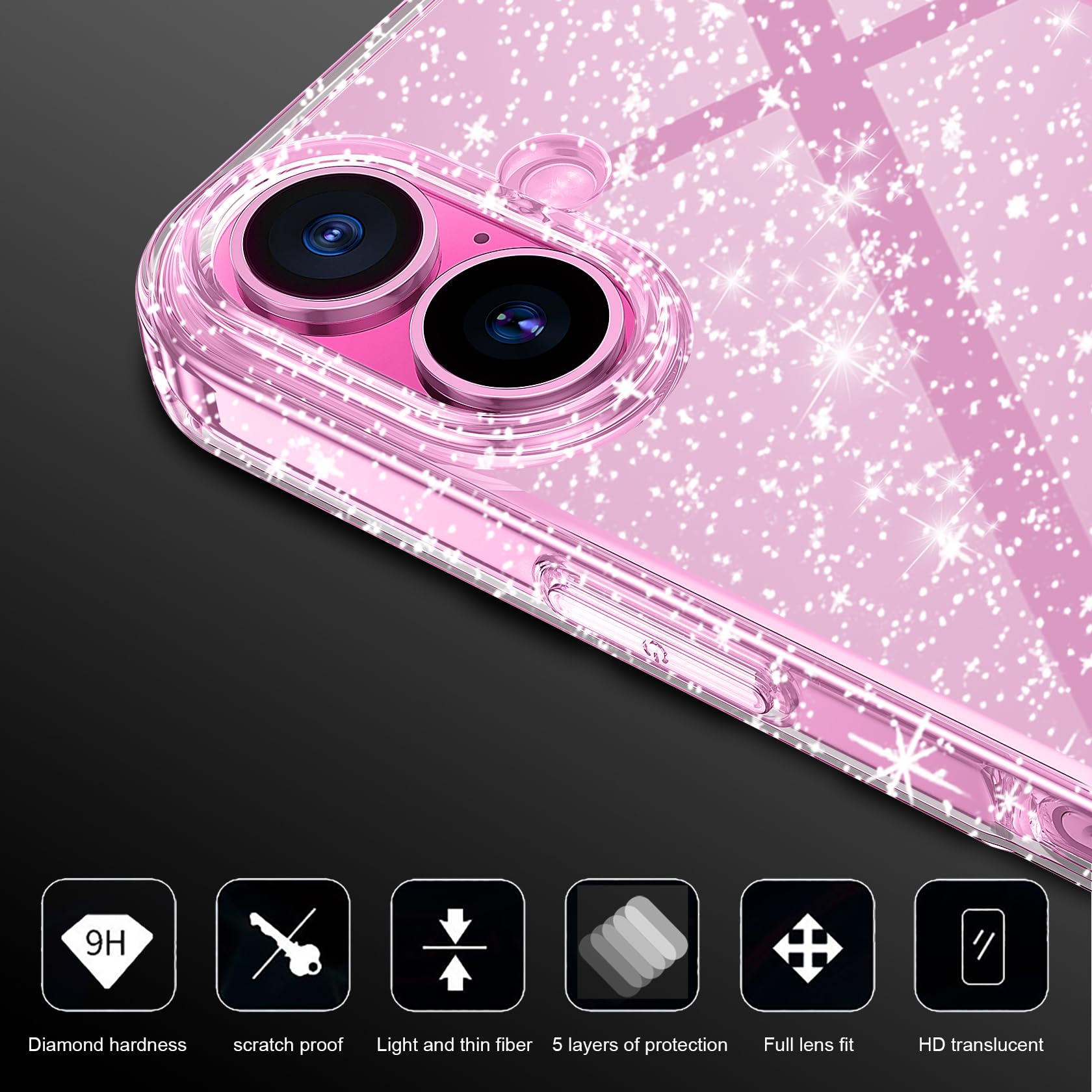 AROYI Coque 3 en 1 Compatible avec iPhone 16 6,1, étui à Paillettes Silicone Souple TPU Protection Case avec 2 Films de Protection en Verre trempé, Transparent pailleté Protecteur Coque