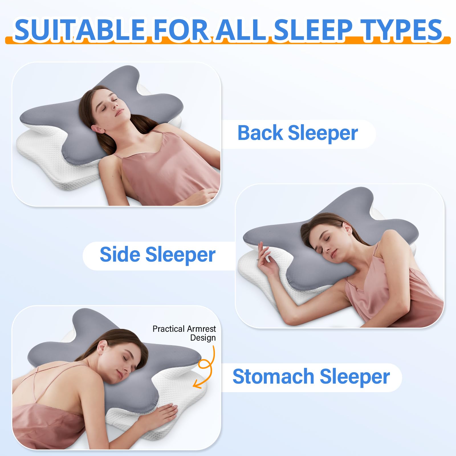 Ehomfory Oreiller Ergonomique Cervical, 2 en 1 Oreiller Memoire Forme pour la Nuque, Oreiller pour Dormir sur Le côté, Le Dos et Le Ventre, 62 x 41 x 9/12cm (Gris)