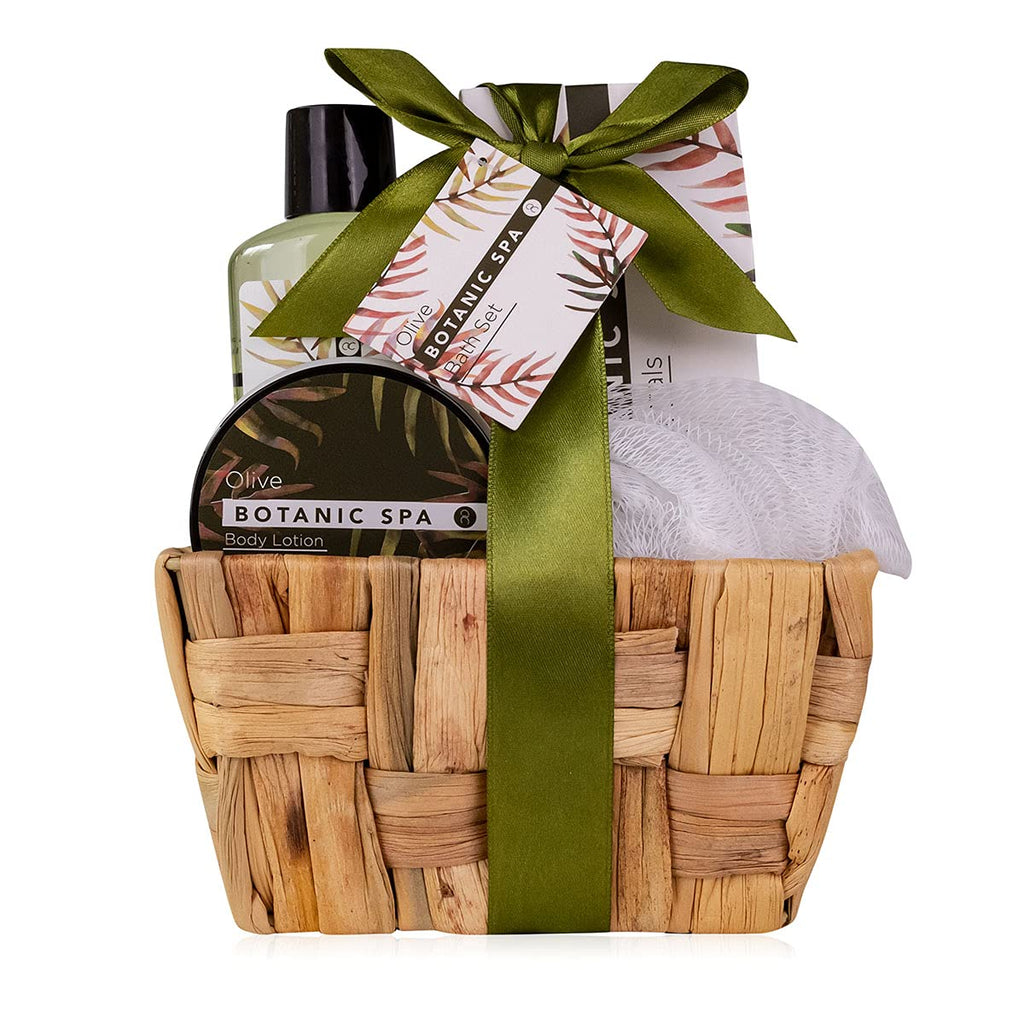 accentra Coffret cadeau OLIVE SPA dans un panier en jonc de mer - Ensemble de bain et douche - 5 pièces dans un panier décoratif en jonc de mer, cadeau d'anniversaire, kit bien-être pour les femmes