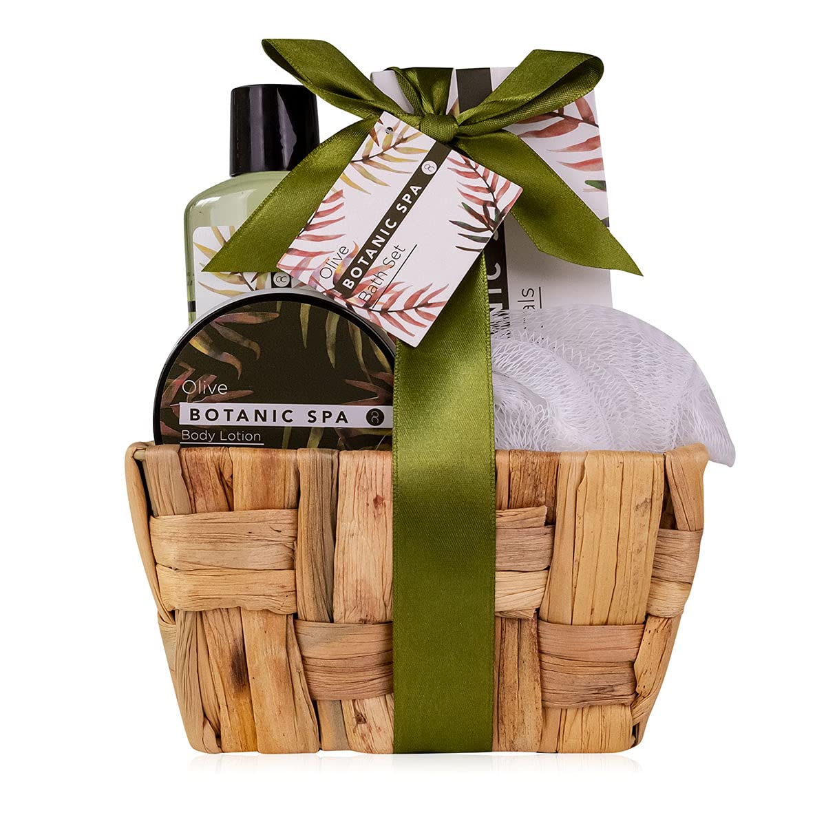 accentra Coffret cadeau OLIVE SPA dans un panier en jonc de mer - Ensemble de bain et douche - 5 pièces dans un panier décoratif en jonc de mer, cadeau d'anniversaire, kit bien-être pour les femmes
