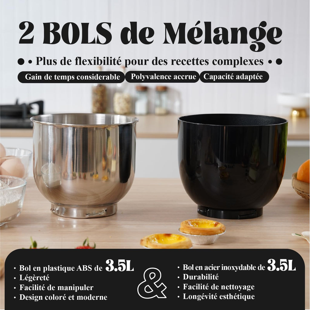 Kitchen in the Box Robot Pâtissier, 3.5L avec Deux Bols, Compact et Léger, 10 Vitesses avec Fonction Pulse, Finition Mate, Fouet, Crochet Pétrisseur et Batteur, Noir