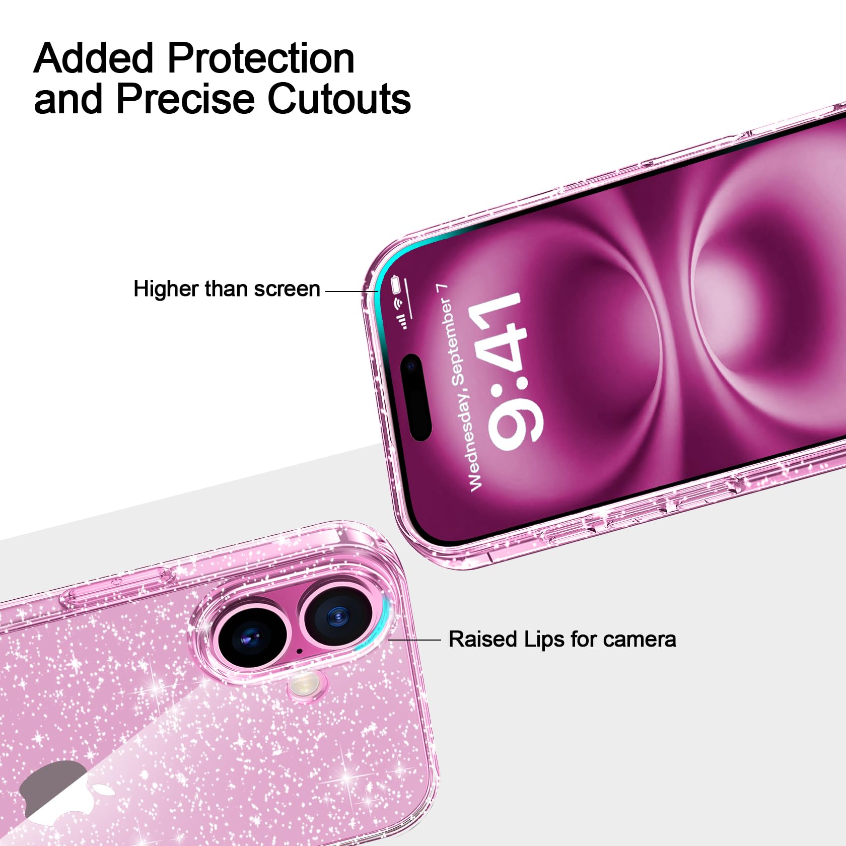 AROYI Coque 3 en 1 Compatible avec iPhone 16 6,1, étui à Paillettes Silicone Souple TPU Protection Case avec 2 Films de Protection en Verre trempé, Transparent pailleté Protecteur Coque