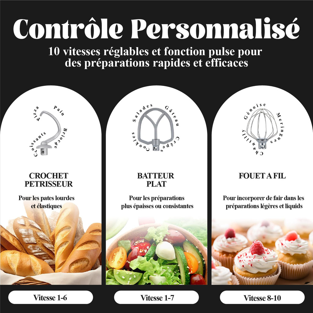 Kitchen in the Box Robot Pâtissier, 3.5L avec Deux Bols, Compact et Léger, 10 Vitesses avec Fonction Pulse, Finition Mate, Fouet, Crochet Pétrisseur et Batteur, Noir