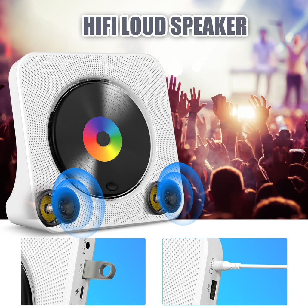 Lecteur CD de Bureau avec Bluetooth Gueray Lecteur CD Mural Haut-parleurs HiFi Intégrés Portables avec écran LED Audio Domestique Boombox Radio FM USB Type-c Lecteur de Musique MP3