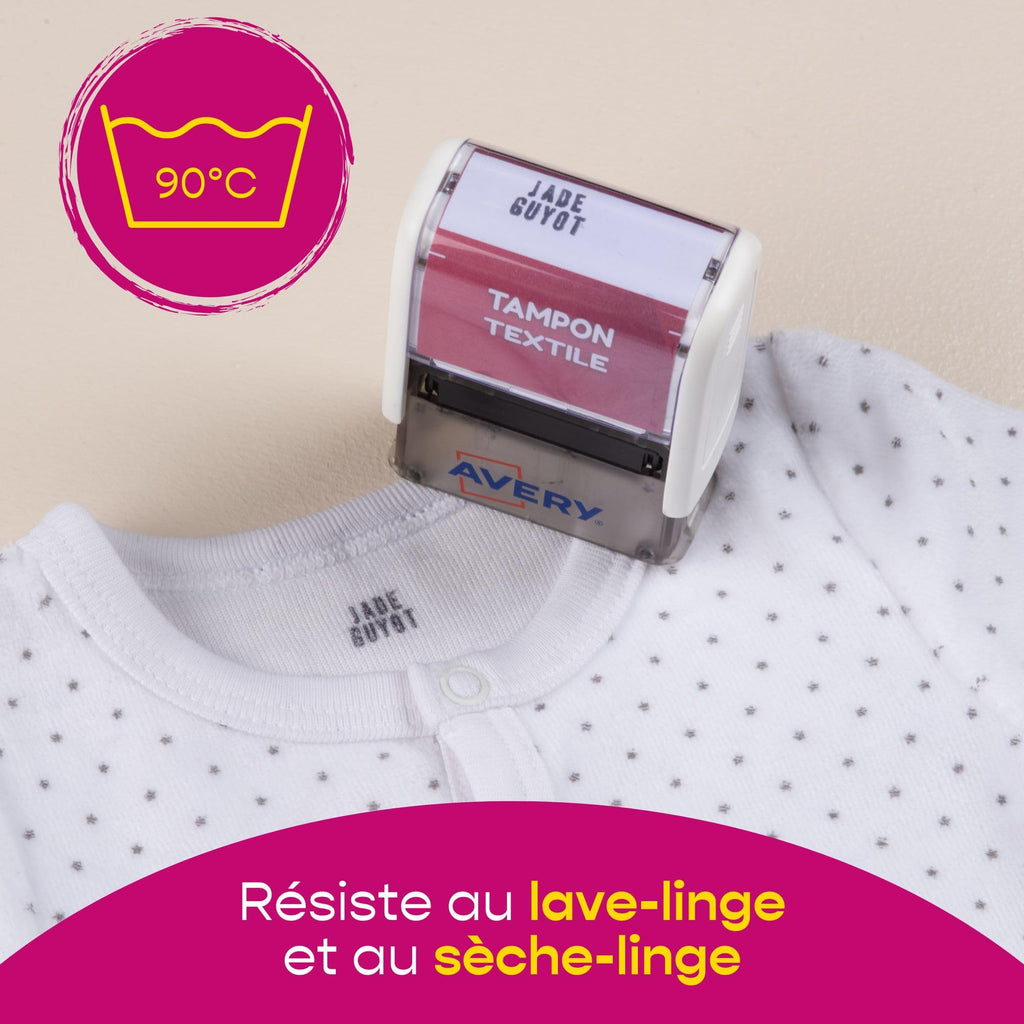 Avery Tampon Encreur Personnalisable Pour Enfants Et Adultes - Personnalisable 288 caractères - Résistant Au Lavage - Avec Encre Indélébile - Polyvalent Jusqu'à 60°C