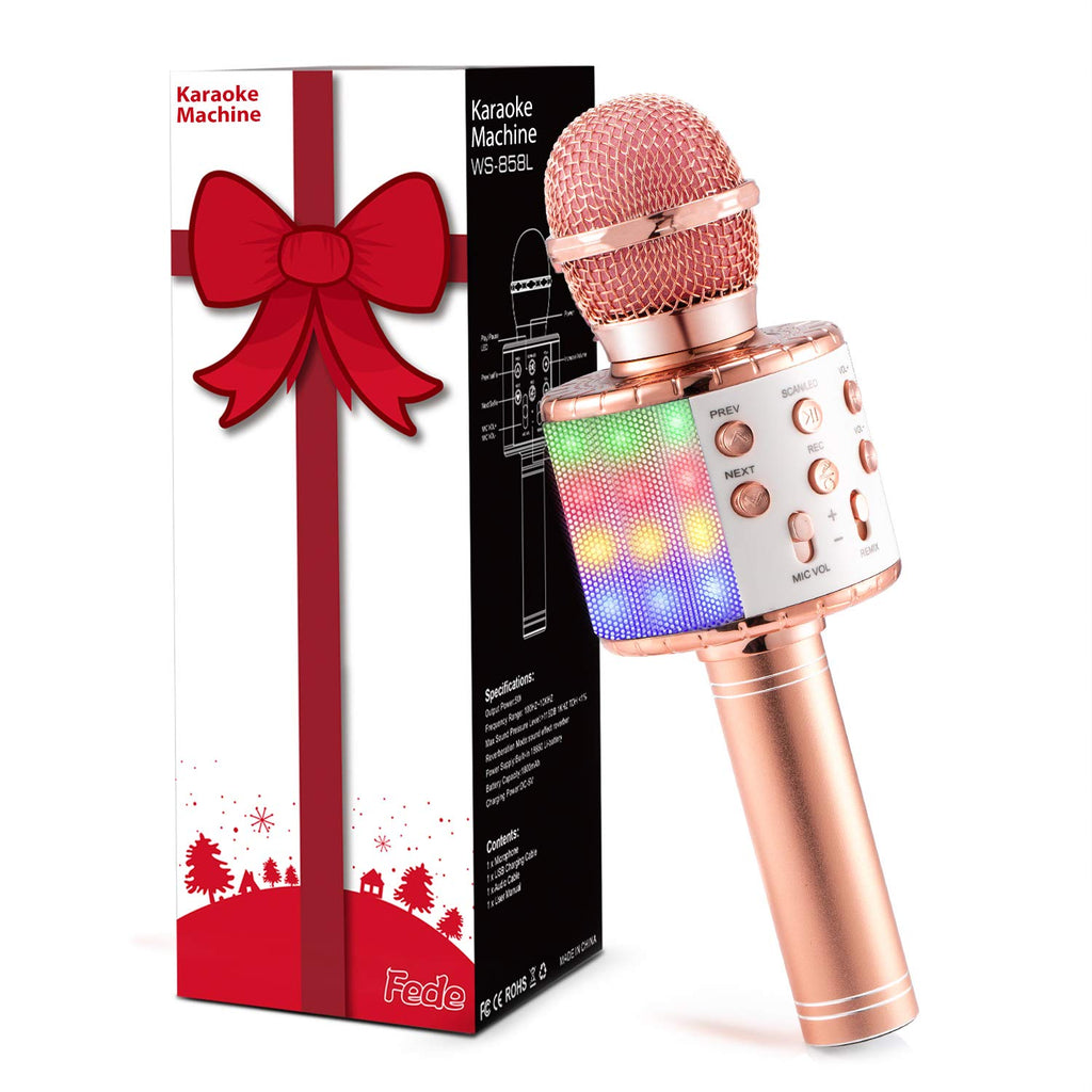 Fede Microphone Karaoké sans Fil Bluetooth avec Lumière LED Multi Couleur, Micro à Main Portable Haut-Parleur pour Enfants/Adultes Chanter, Compatible avec Android/iOS/PC/Smartphone