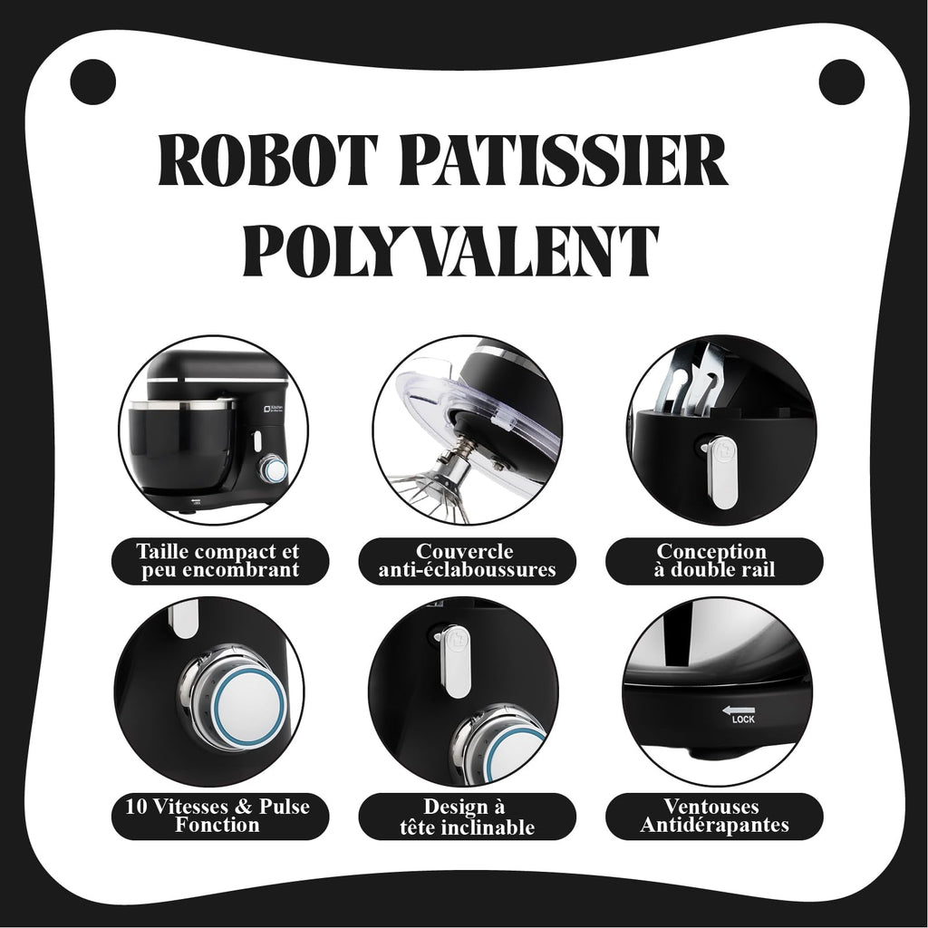Kitchen in the Box Robot Pâtissier, 3.5L avec Deux Bols, Compact et Léger, 10 Vitesses avec Fonction Pulse, Finition Mate, Fouet, Crochet Pétrisseur et Batteur, Noir